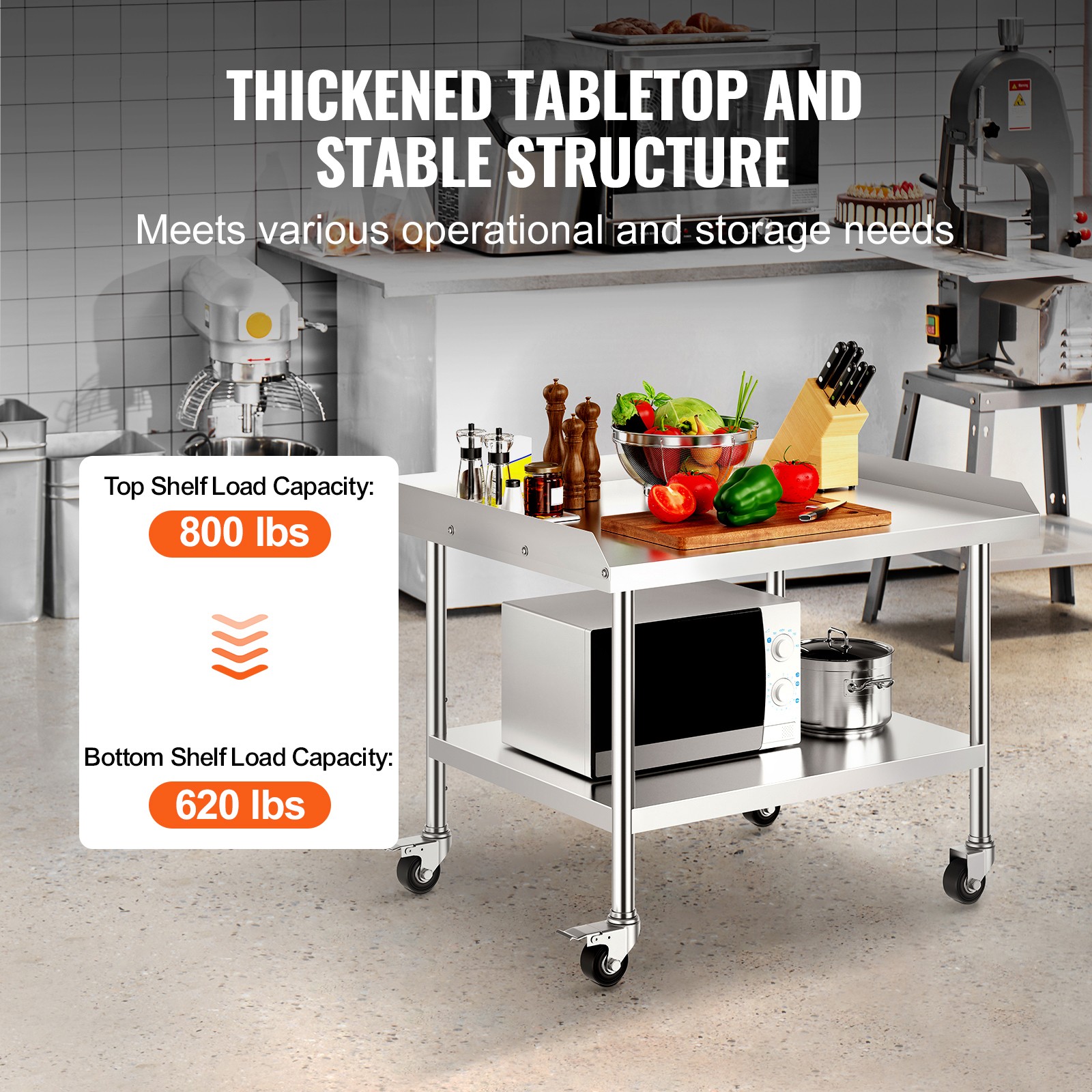 Stainless Steel Work Table 30x36x30 Inch with 4 Wheels & Backsplash