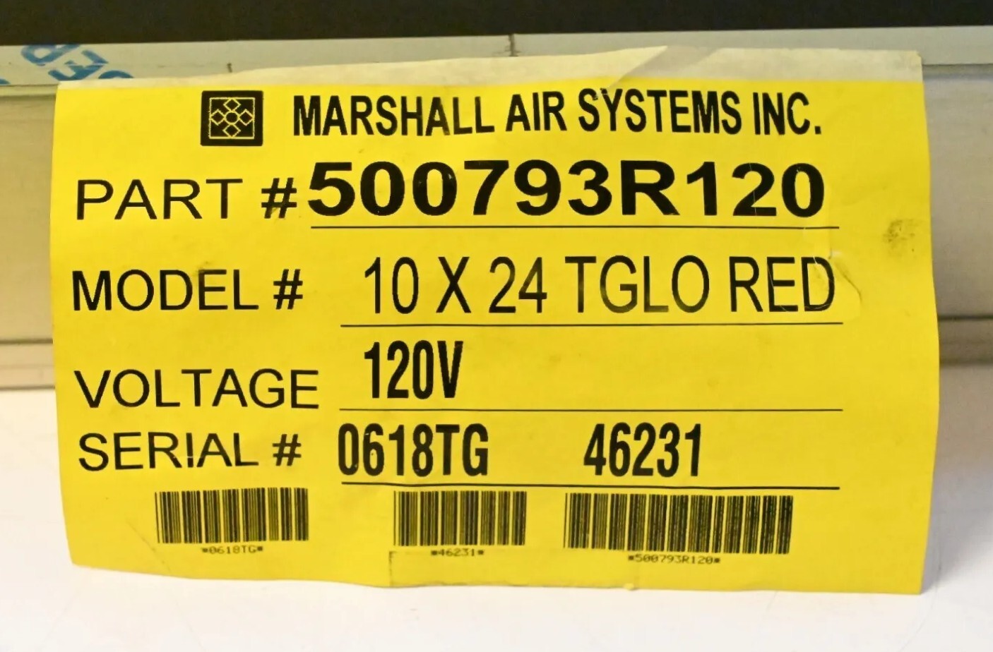 Marshall Air Systems 10×24 TGLO Red Series 5000 Model 500793R 120V OEM/Genuine