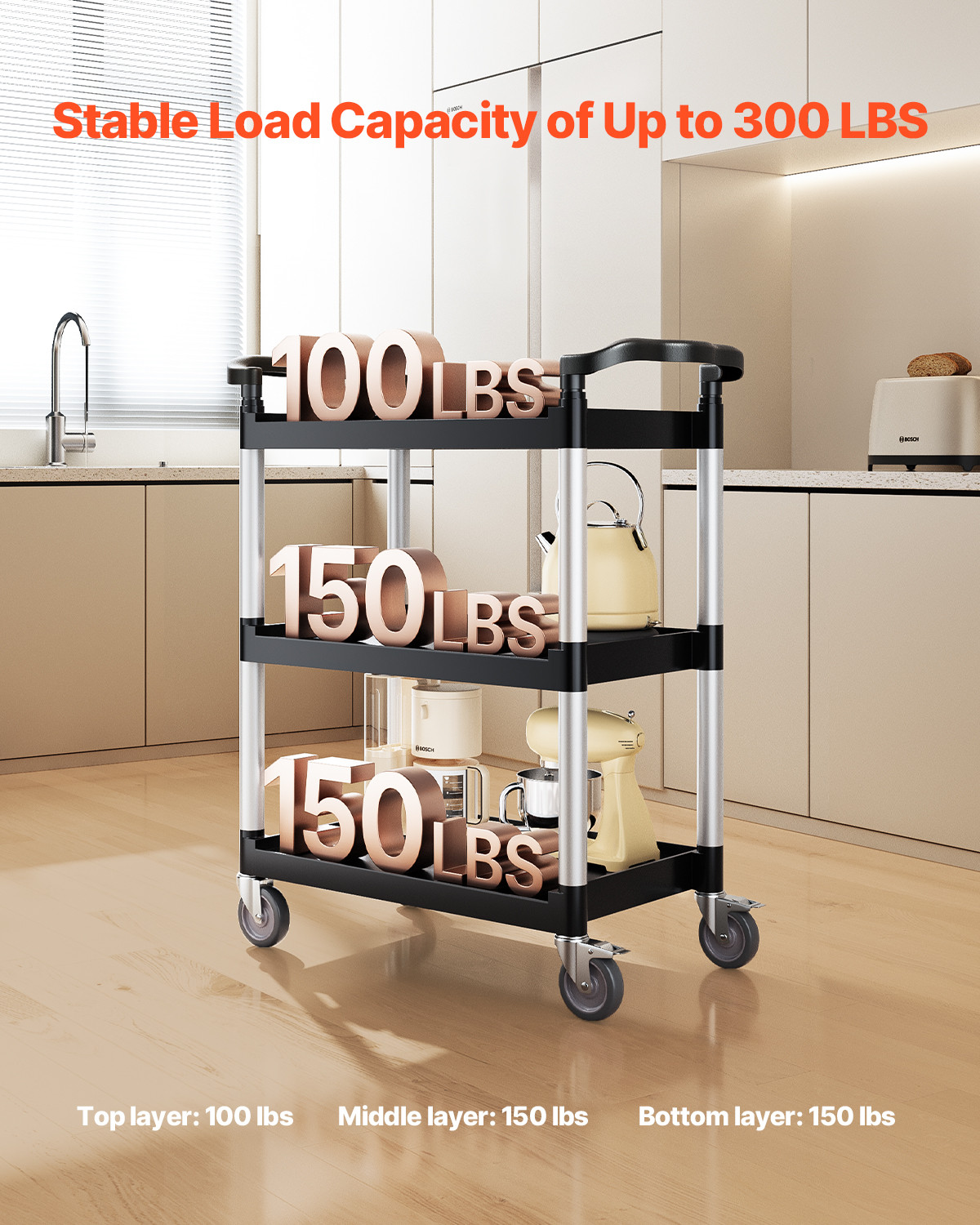 VEVOR Heavy Duty Utility Cart 300 lbs Capacity 3-tier Service Cart with Wheels