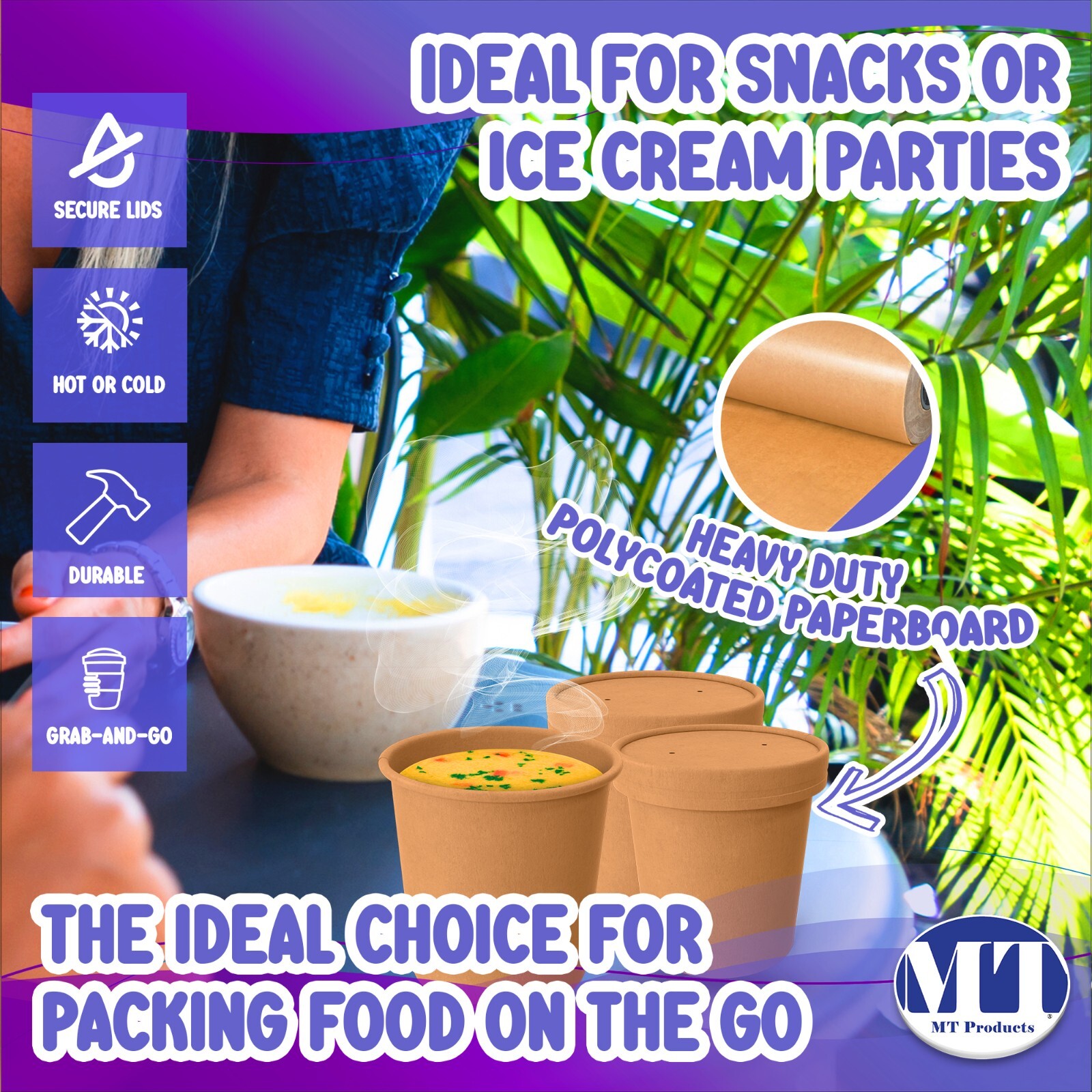 MT Products 12 oz Kraft Paper Soup Cups with Plastic Lids – 20 Cups and Lids