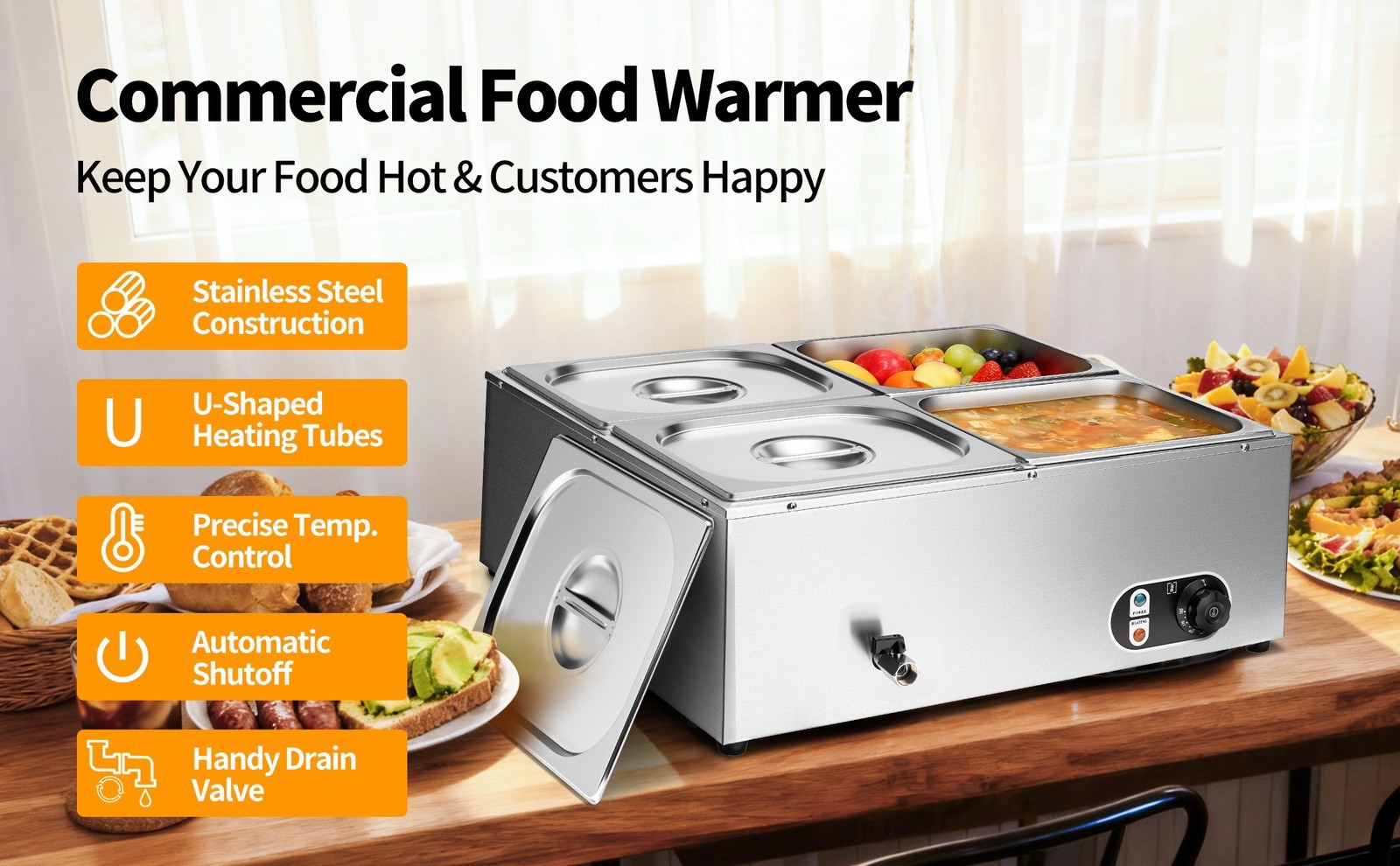 48QT Commercial Food Warmer Electric Countertop Steam Table Buffet Bain Marie