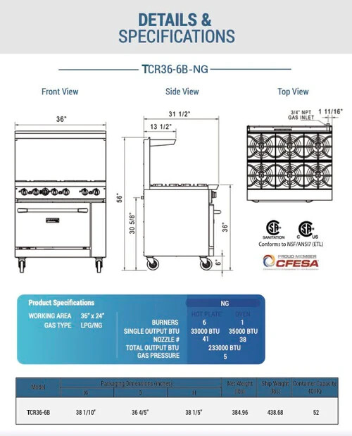 Chef AAA – Commercial 36″ Oven Range (6) Burners – Natural Gas (NEW)