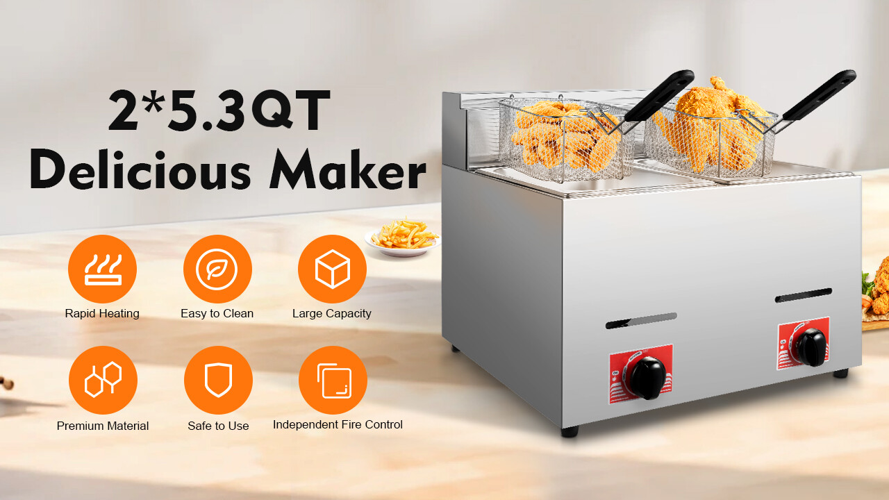 Countertop Gas Fryer w/ 2 Frying Baskets LPG Liquefied Gas Deep Fryer USA