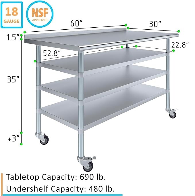 Stainless Steel Metal Work Table with 1.5″ Backsplash and 3 Shelves with Wheels
