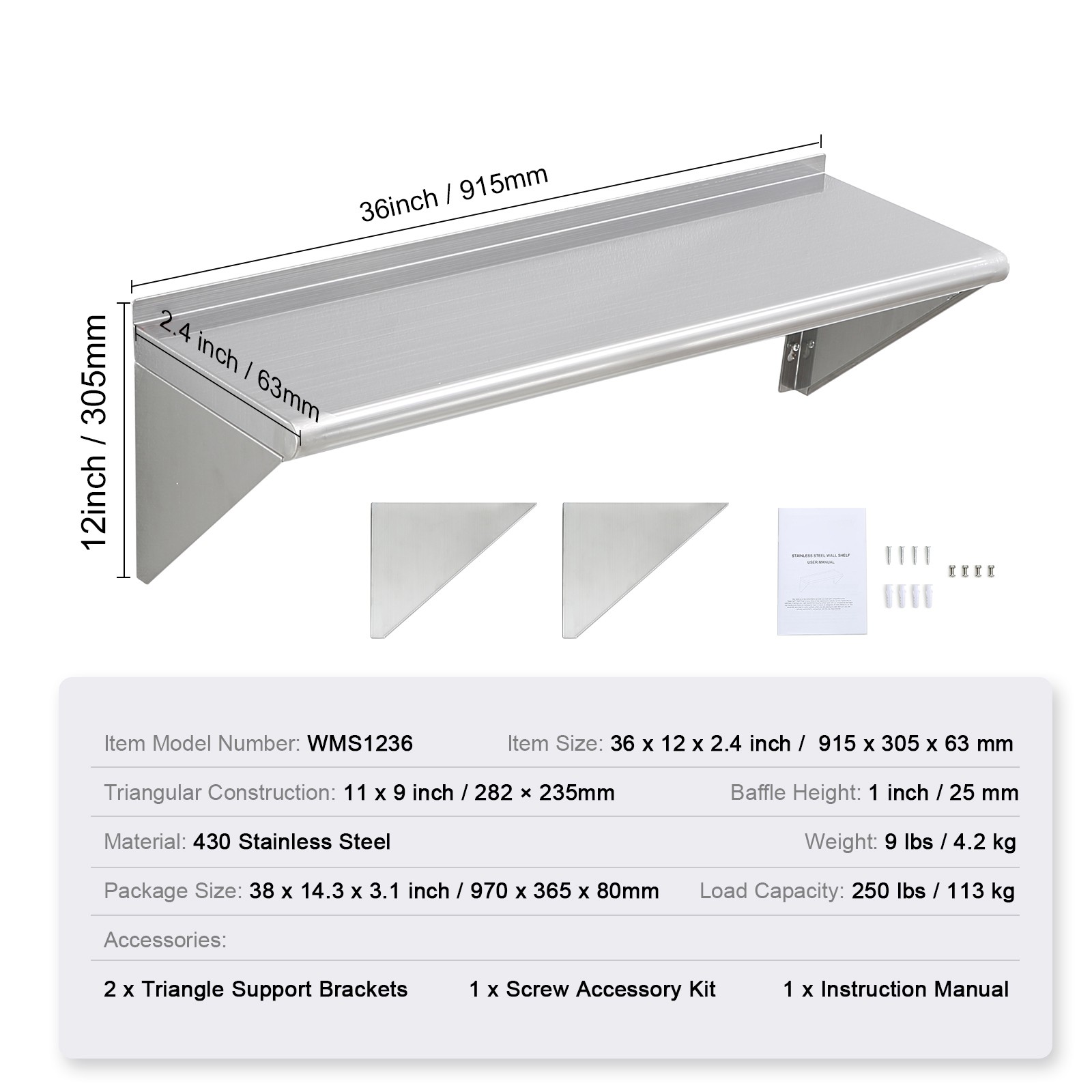 VEVOR 36″ x 12″ Stainless Steel Wall Mounted Shelf Kitchen Restaurant Shelving