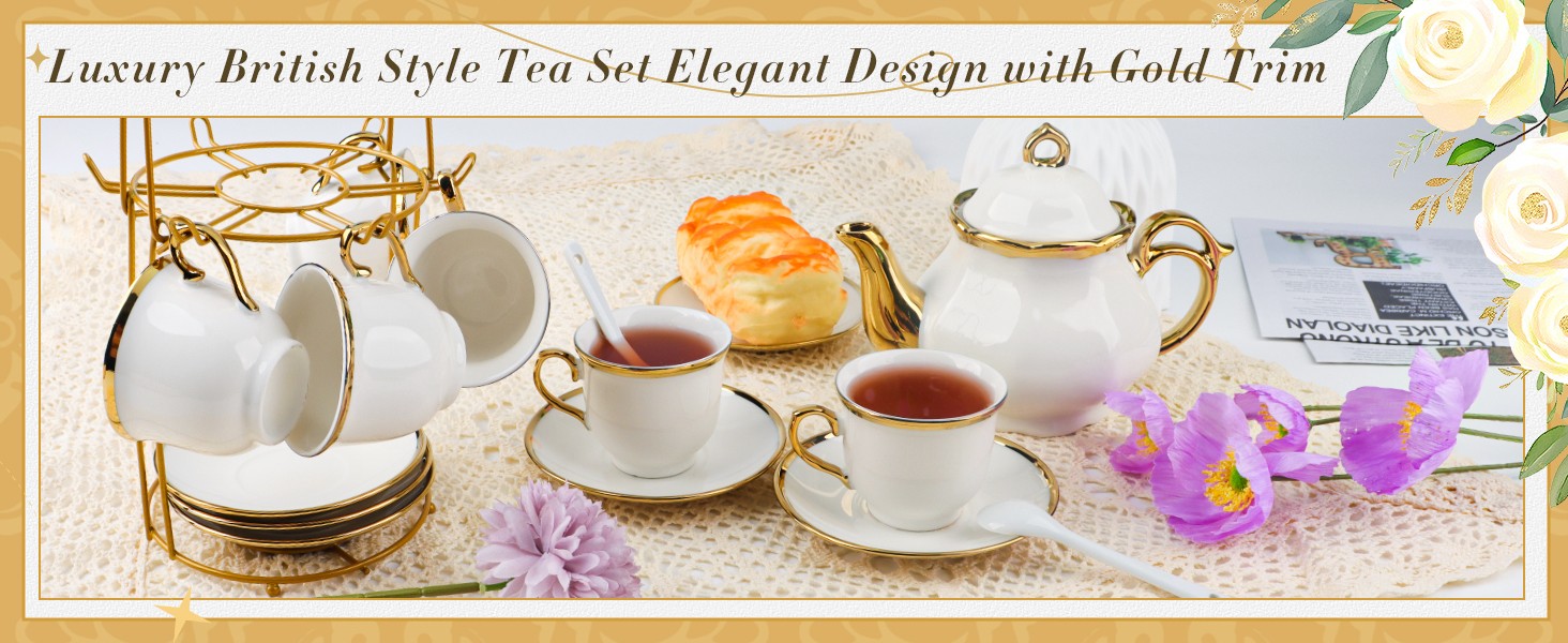 20 Pcs Porcelain Tea Set with Metal Holder, European Ceramic Tea Set for Adults,