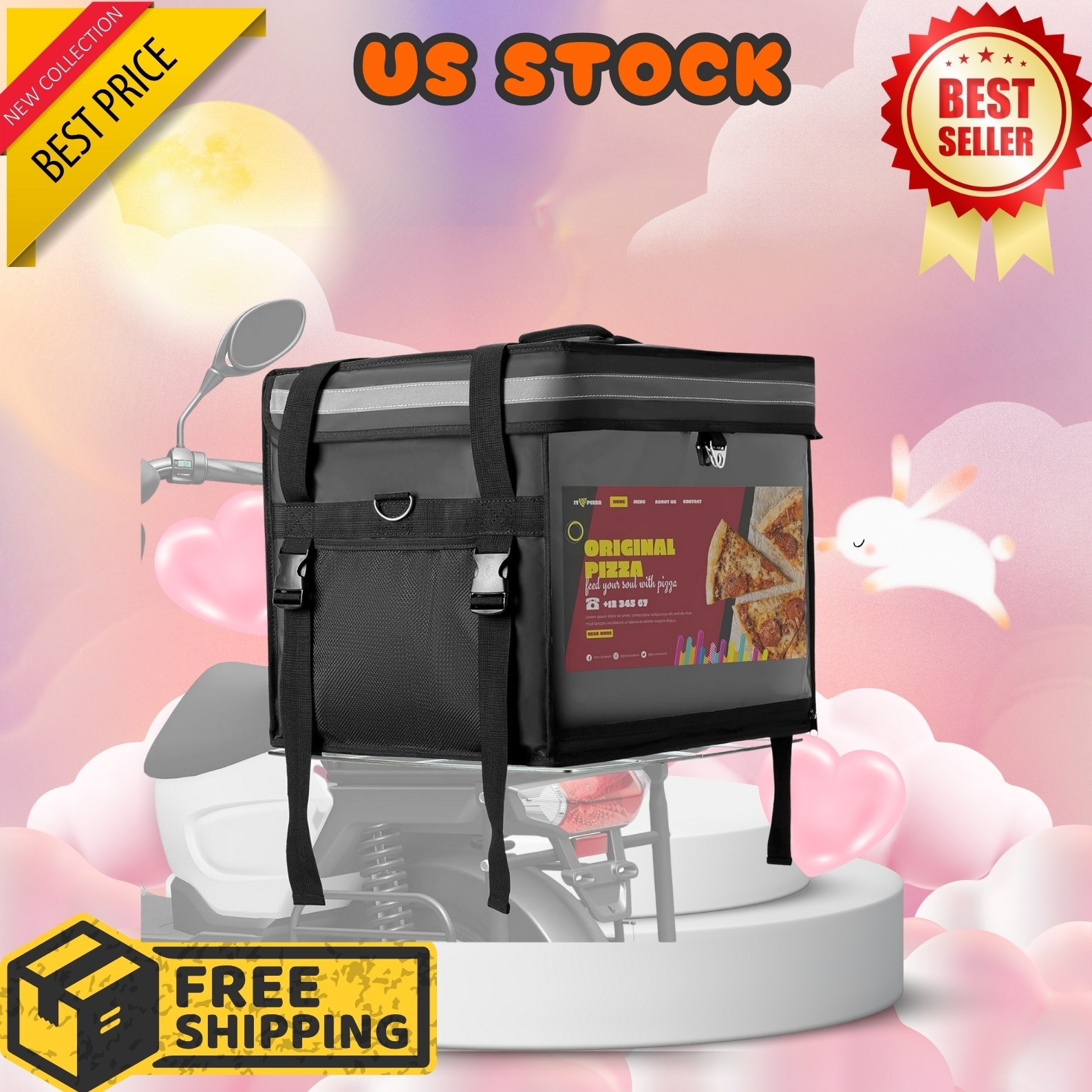 62L Insulated Food Delivery Bag for E-bikes/Scooters – Waterproof Carrier with