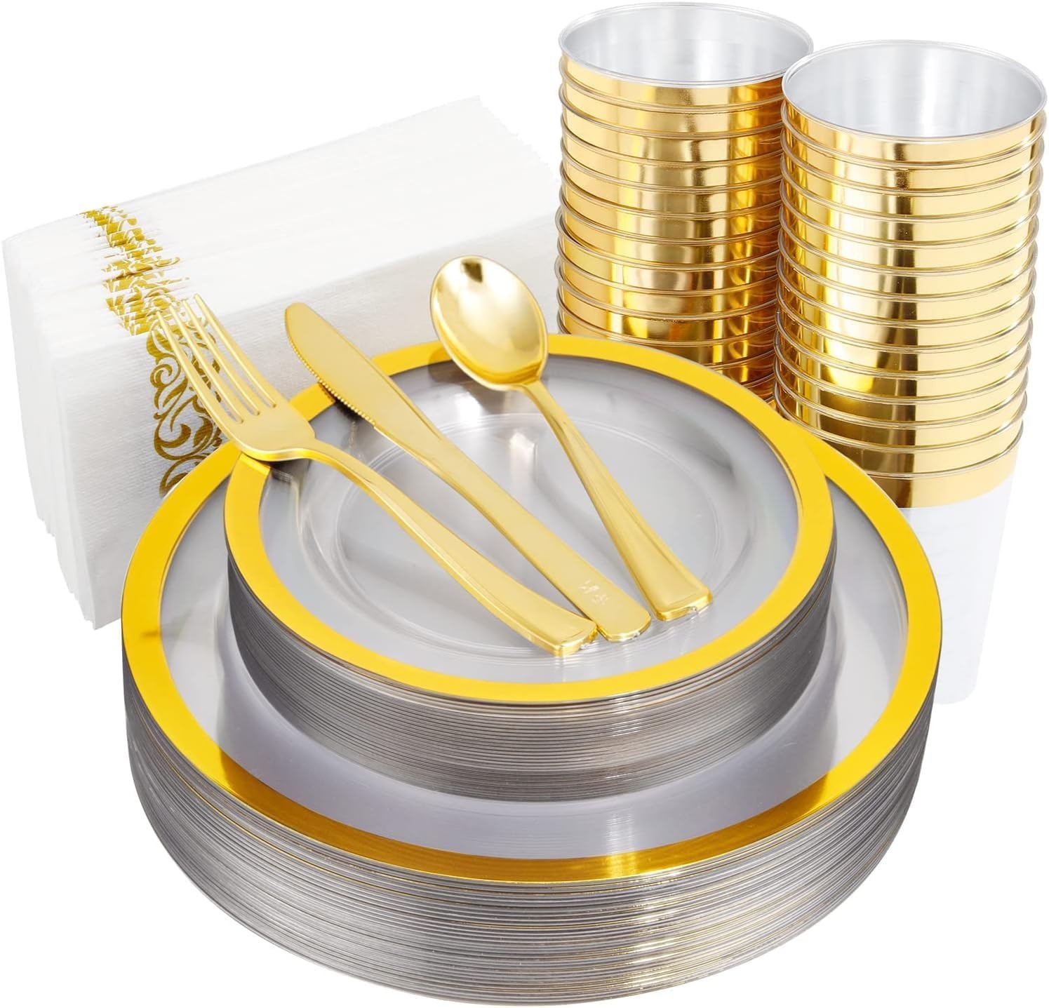 210PCS Gold Plastic Plates – Heavy Duty Clear Gold Disposable Plates Includes 30