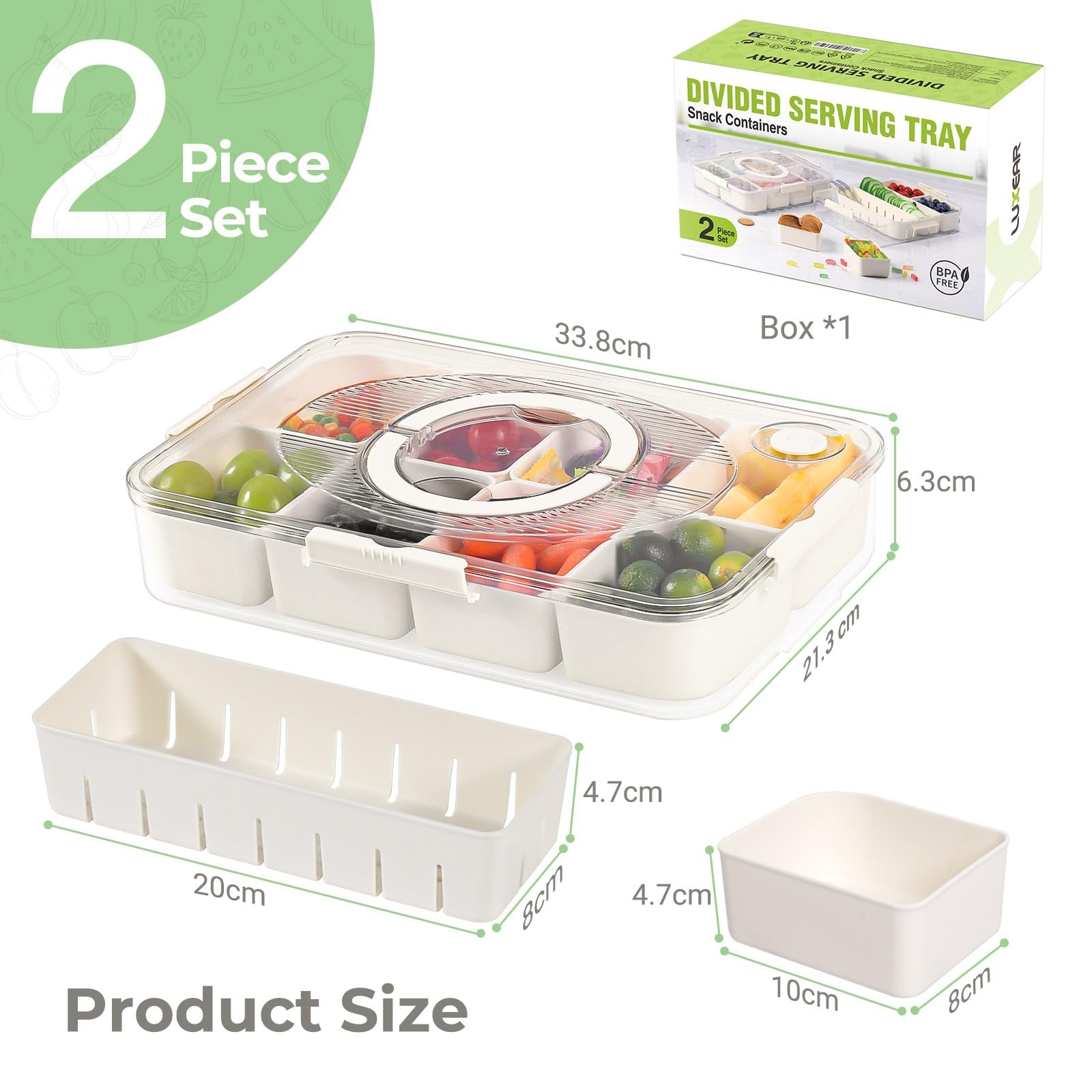LUXEAR 2Pack 8-Compartment Snackle Box – Airtight Leakproof Divided Food Tray wi