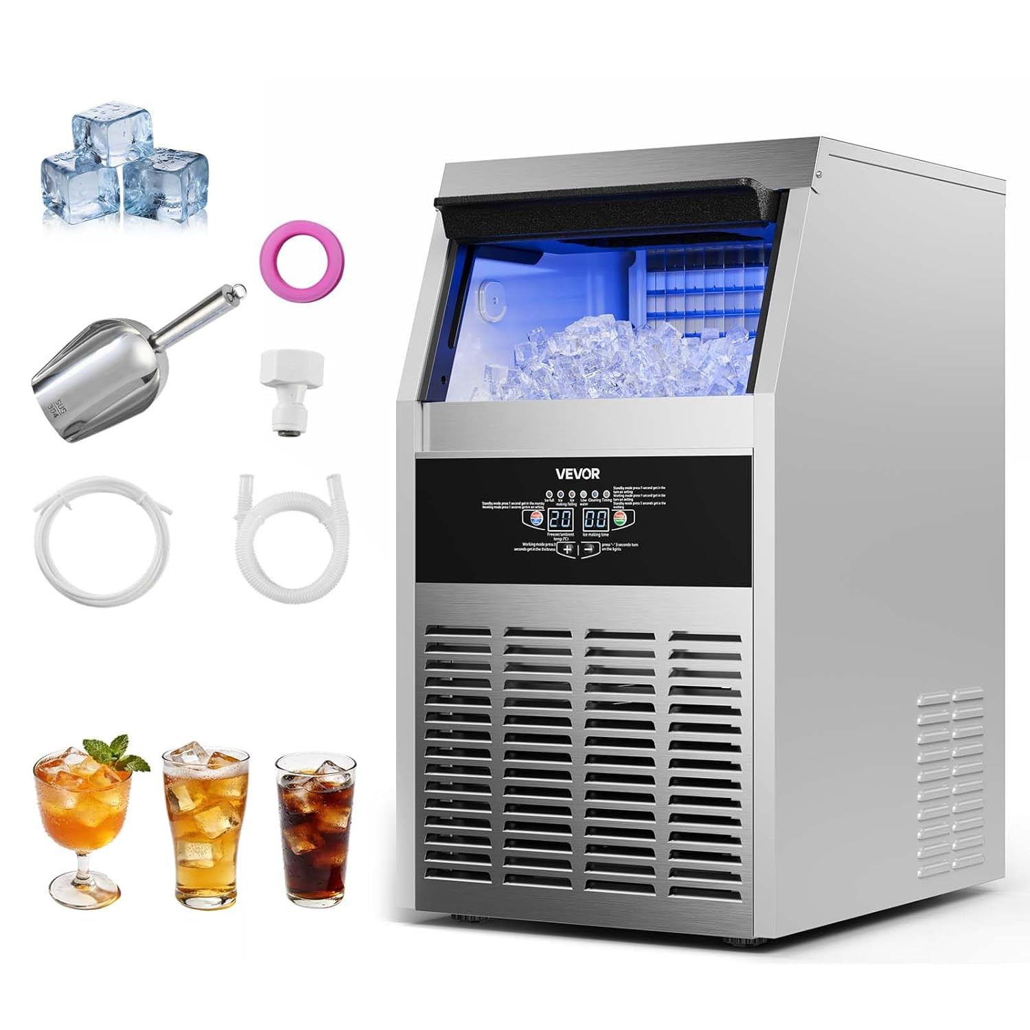 130 Lbs/24H Stainless Steel Ice Maker, Self-Cleaning, LED Display, Home/Bar Use
