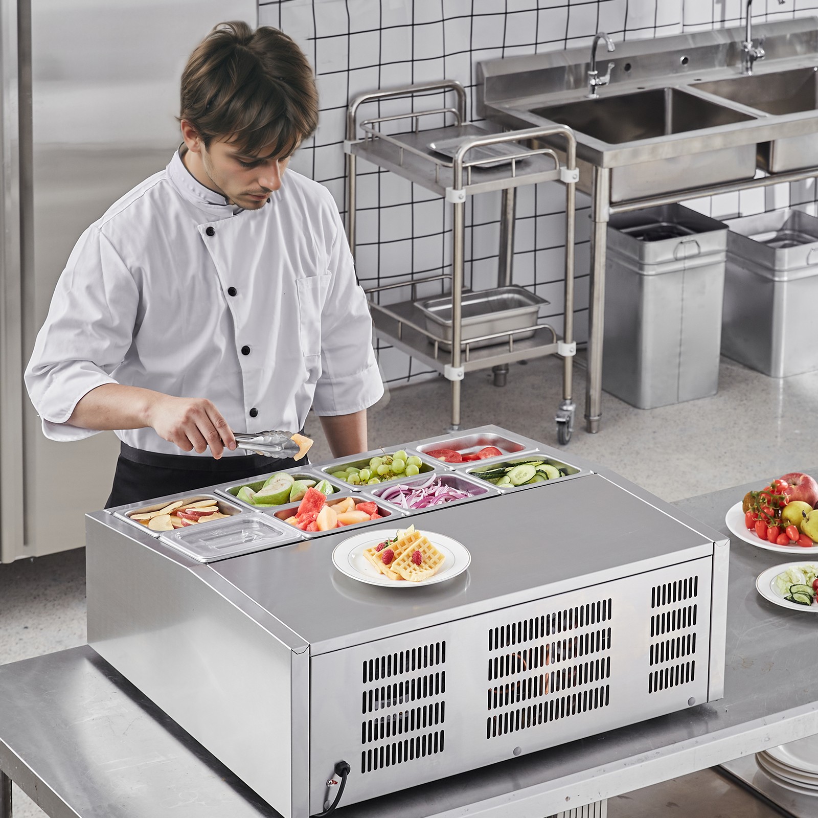 VEVOR Countertop Refrigerated Salad Pizza Prep Station 140 W Stainless Guard ETL