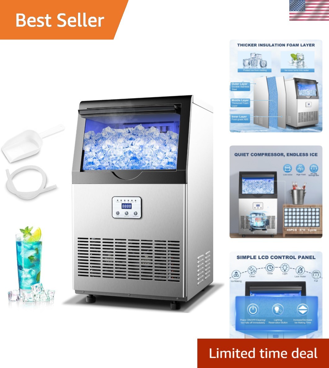 High-Efficiency Stainless Steel Ice Maker – 110 lbs Daily Output, 25 lbs Storage