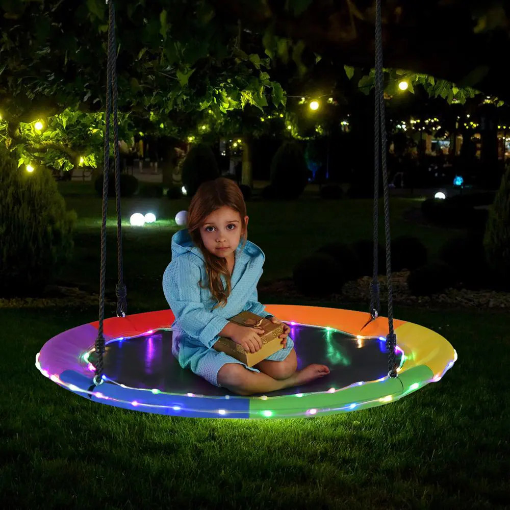 40 In. Saucer Tree Swing 660 Lbs. for Kids Adults Outdoor with LED Lights Rainbo