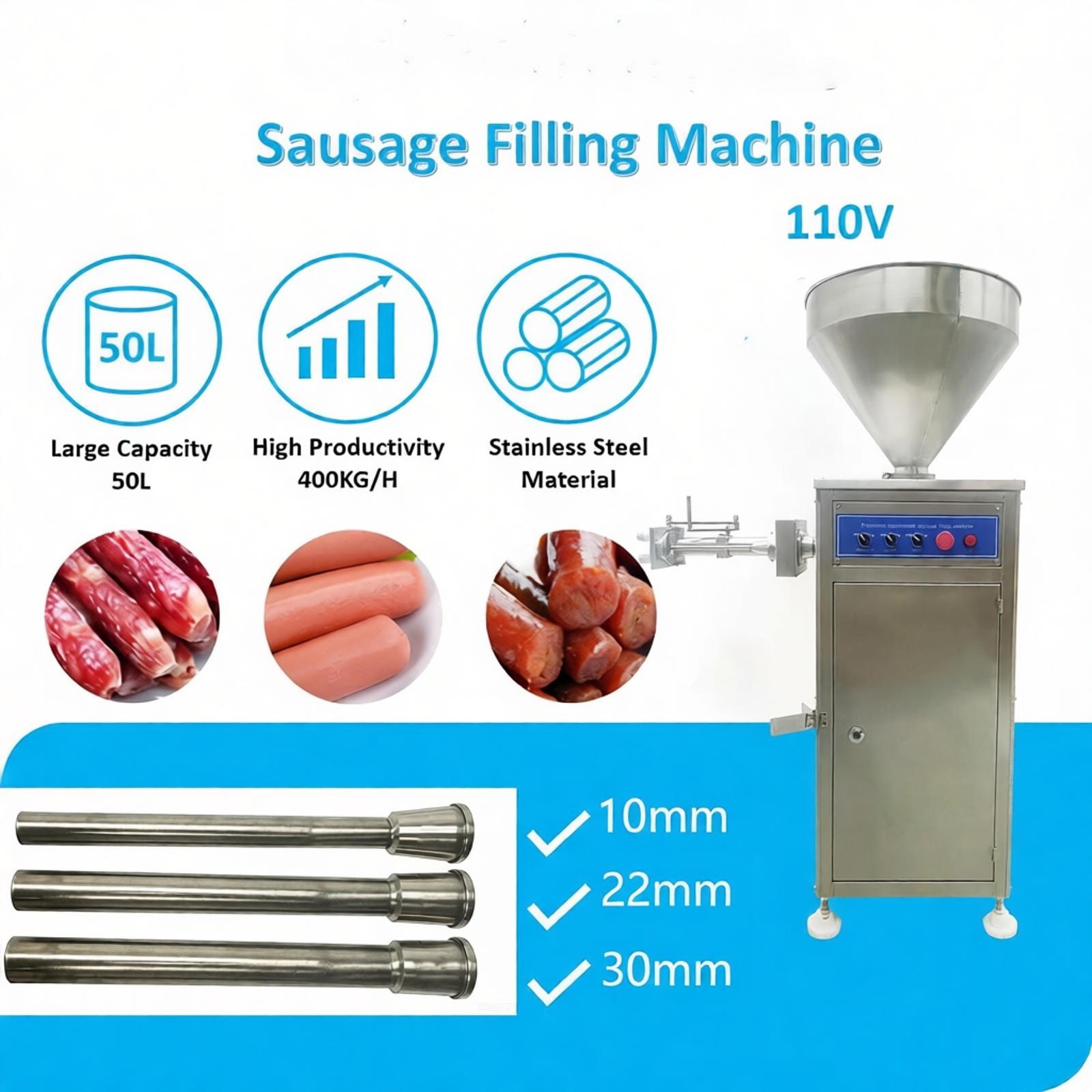50L Pneumatic Quantitative Sausage Filling Machine 110V Meat Filler Machine