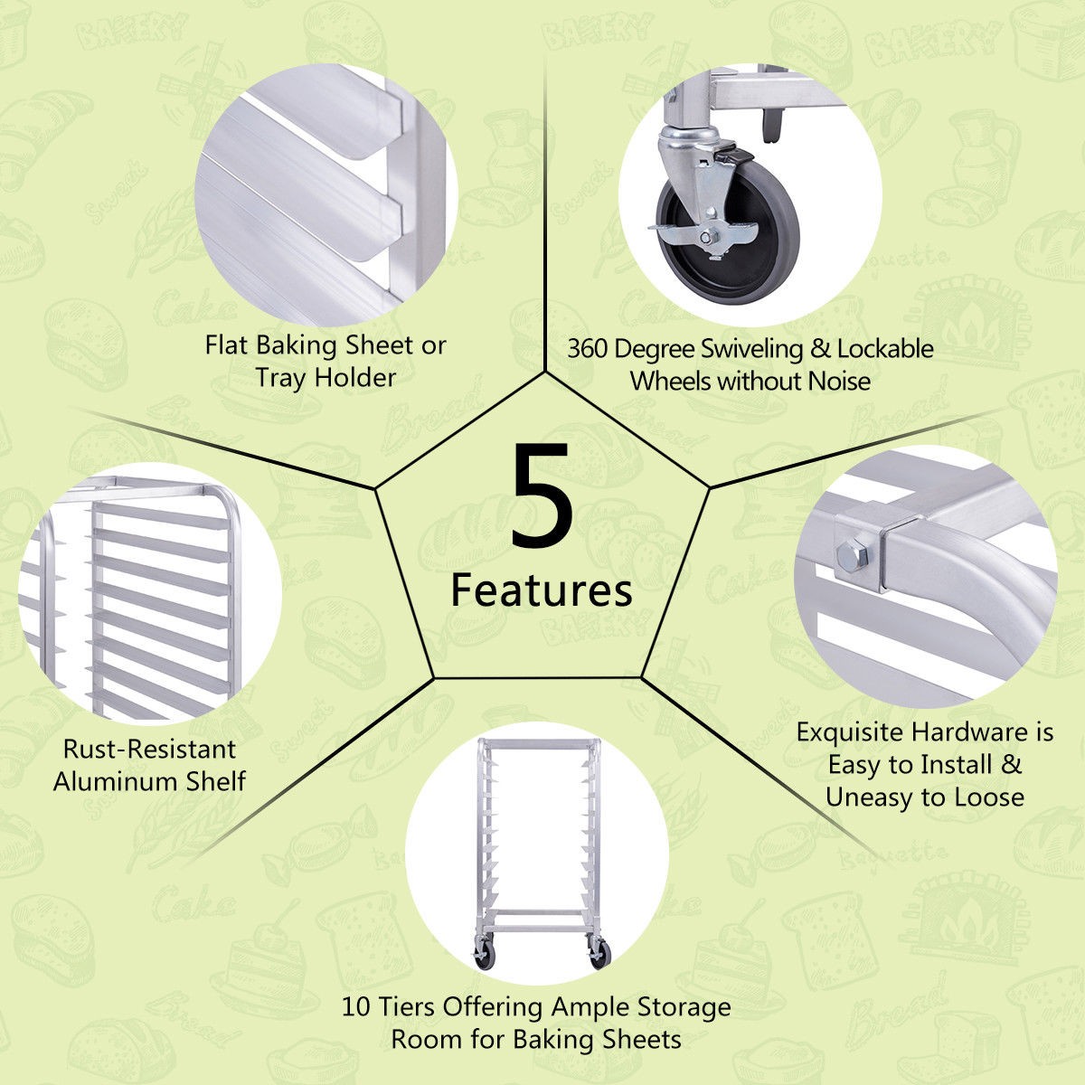 Costway 10 Sheet Aluminum Bakery Rack Rolling Commercial Cookie Bun Pan Kitchen