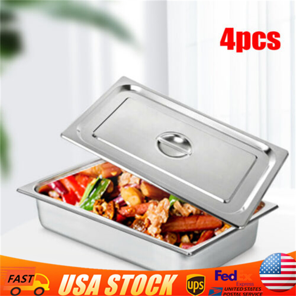 Stainless Steel 4 Pack Hotel Pans Steam Table Pan with Lid Food Pan Commercial