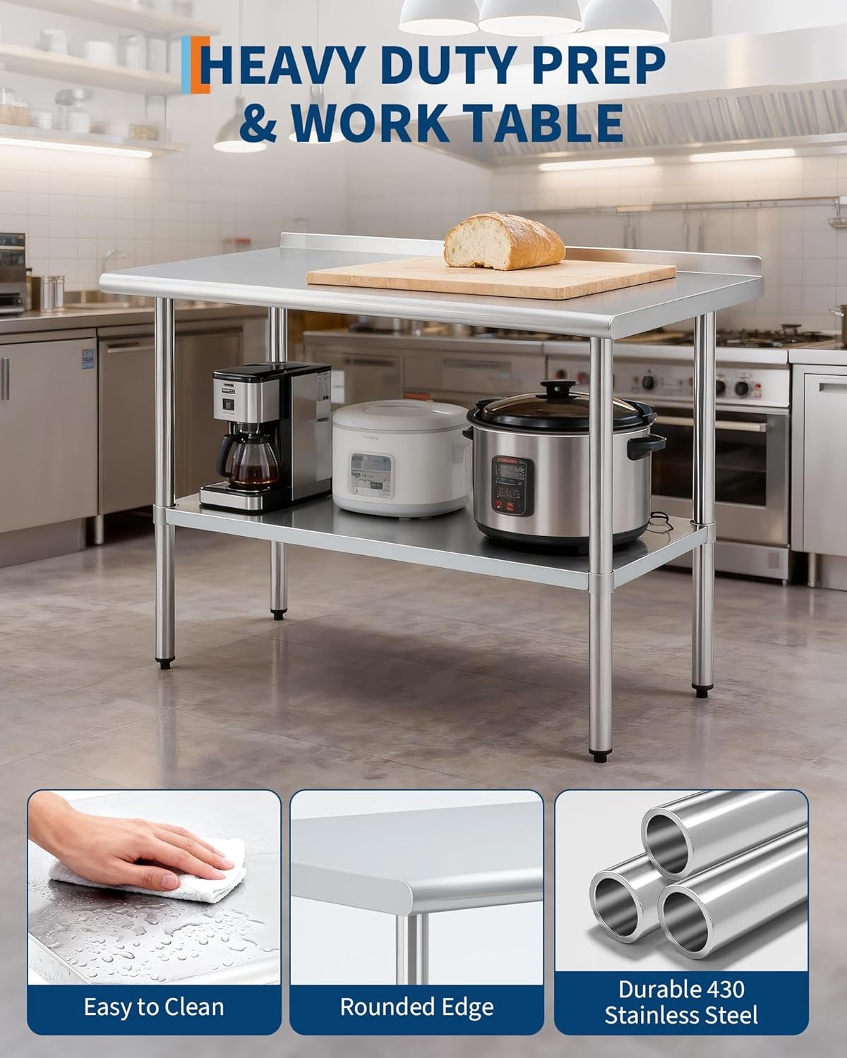 Stainless Steel Work Table 48×24» Prep Table w/Backsplash Adjustable Undershelf