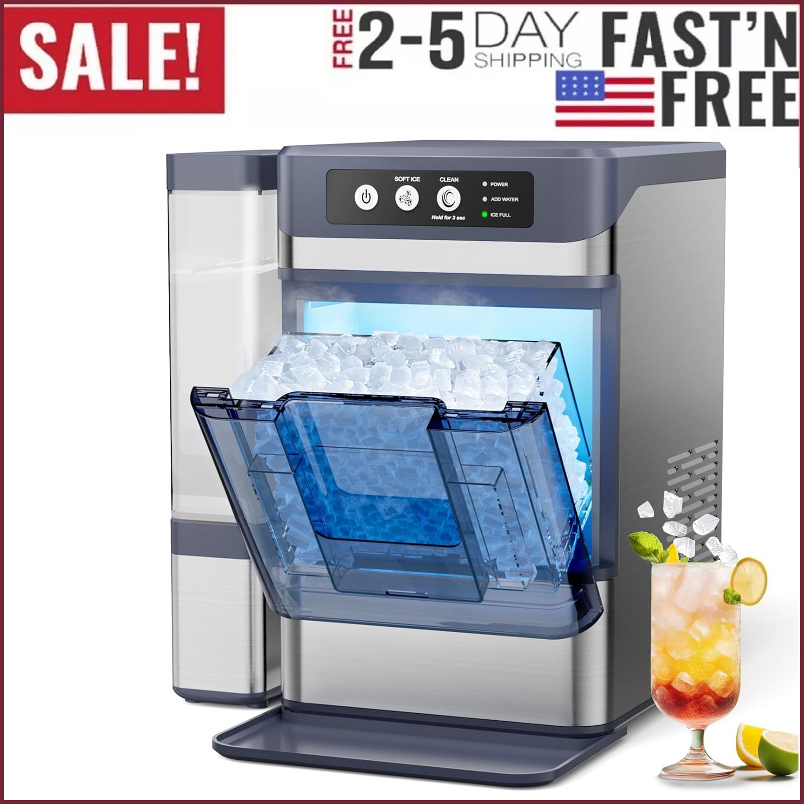 44Lbs/24H Nugget Ice Maker with 0.8 Gal Tank Self-Cleaning Countertop Ice Maker