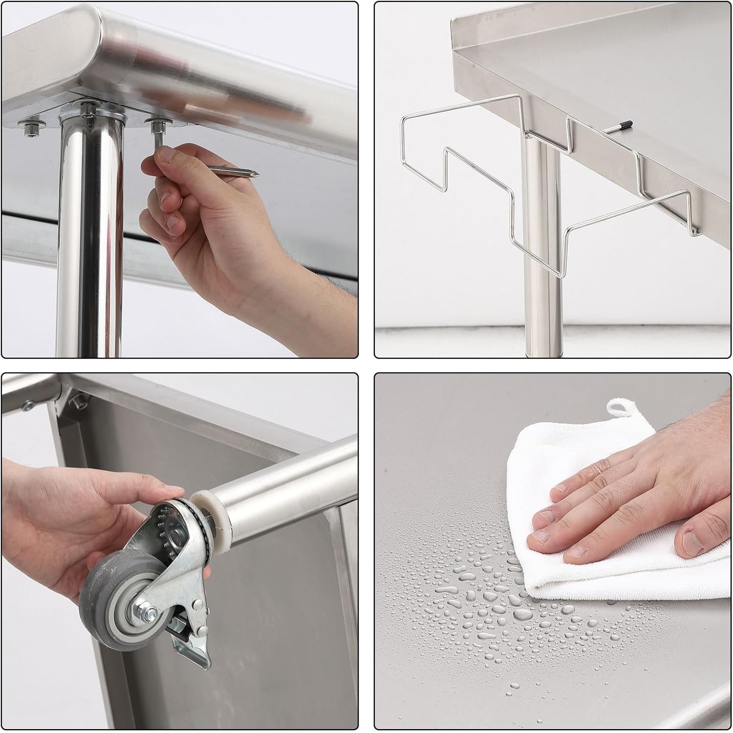 Stainless Steel Work Table 60×24 Adj Undershelf NSF HD w/ Casters Trash Rack