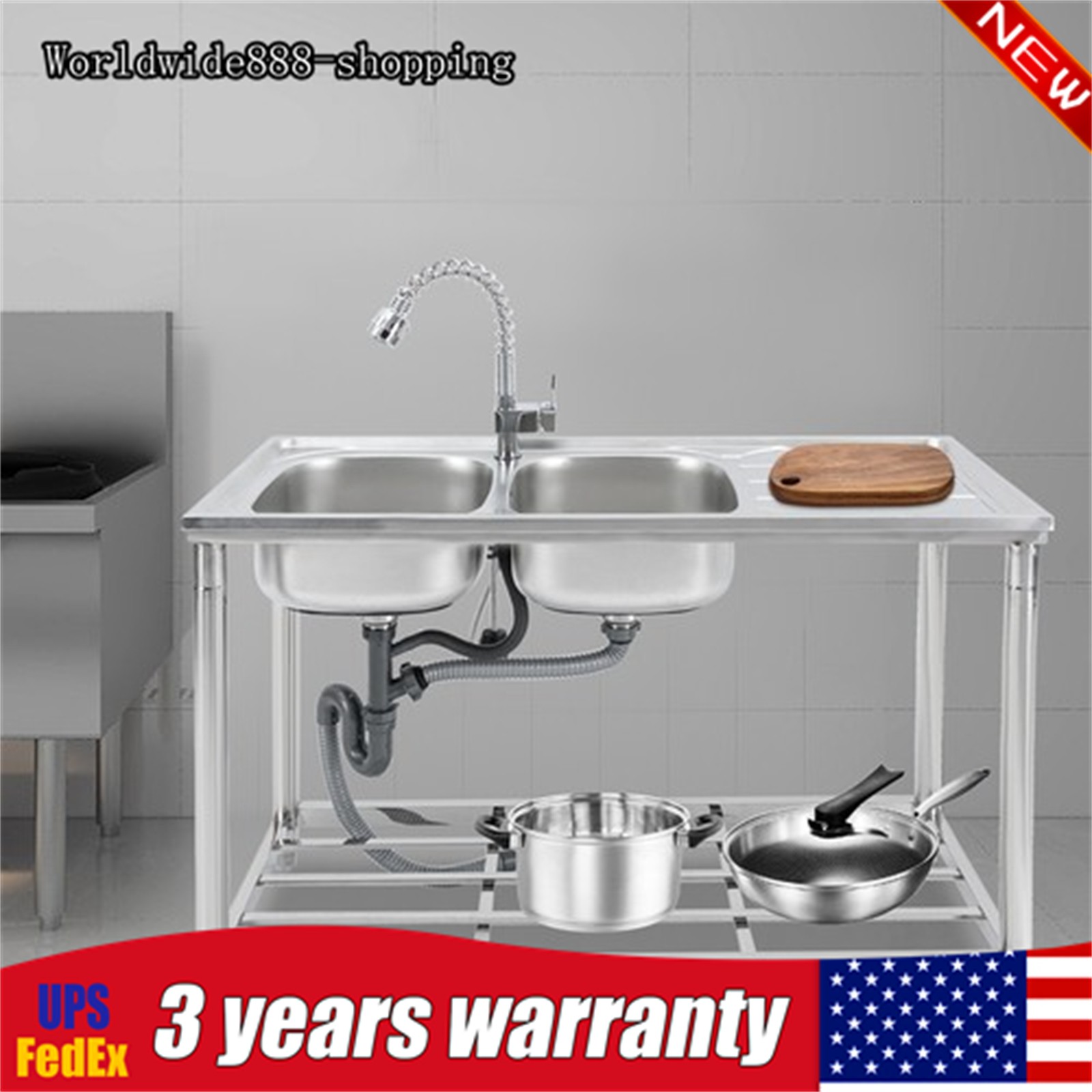 Double Bowl Kitchen Sink Stainless Steel Sink+Pull-out Faucet 120*50*80cm