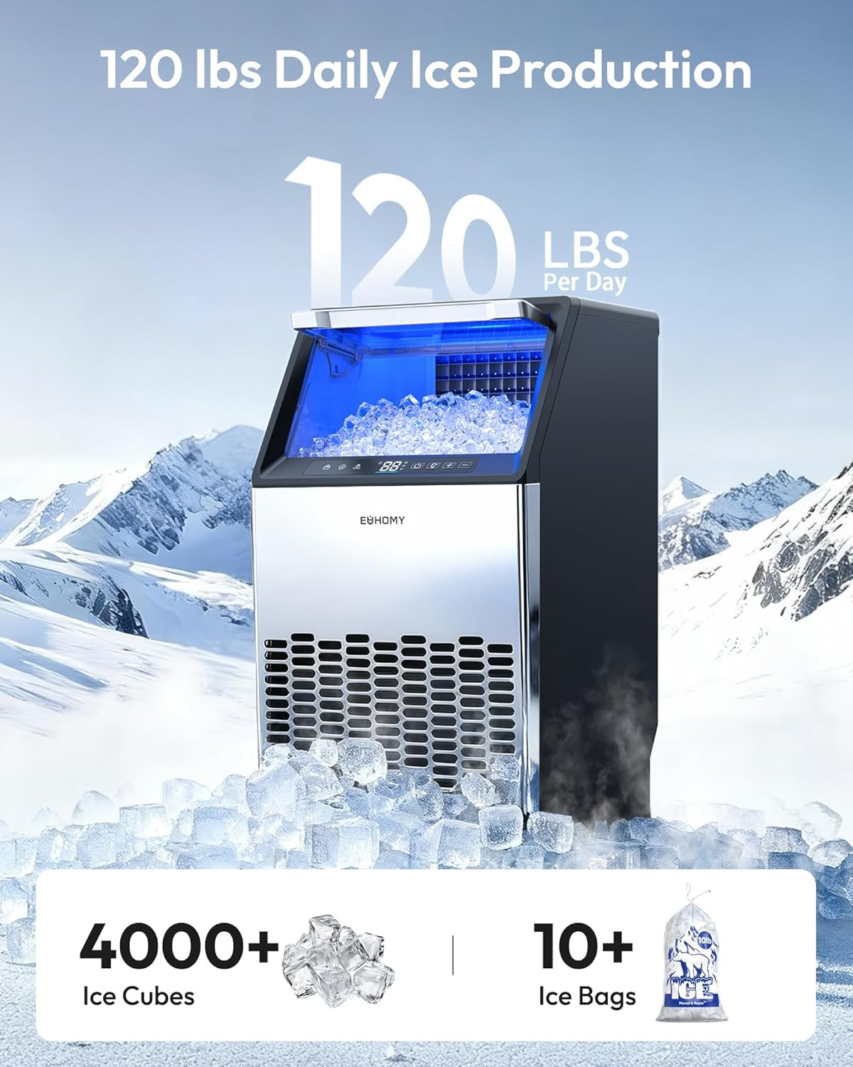 High-Volume Stainless Steel Ice Maker – 120Lbs/24H, 33Lbs Storage