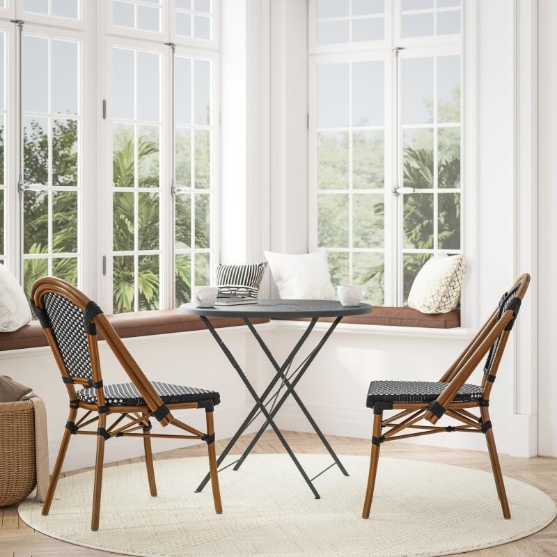 2 PACK Bistro Style Black & White Armless Dining Chair W/ Bamboo Aluminum Frame