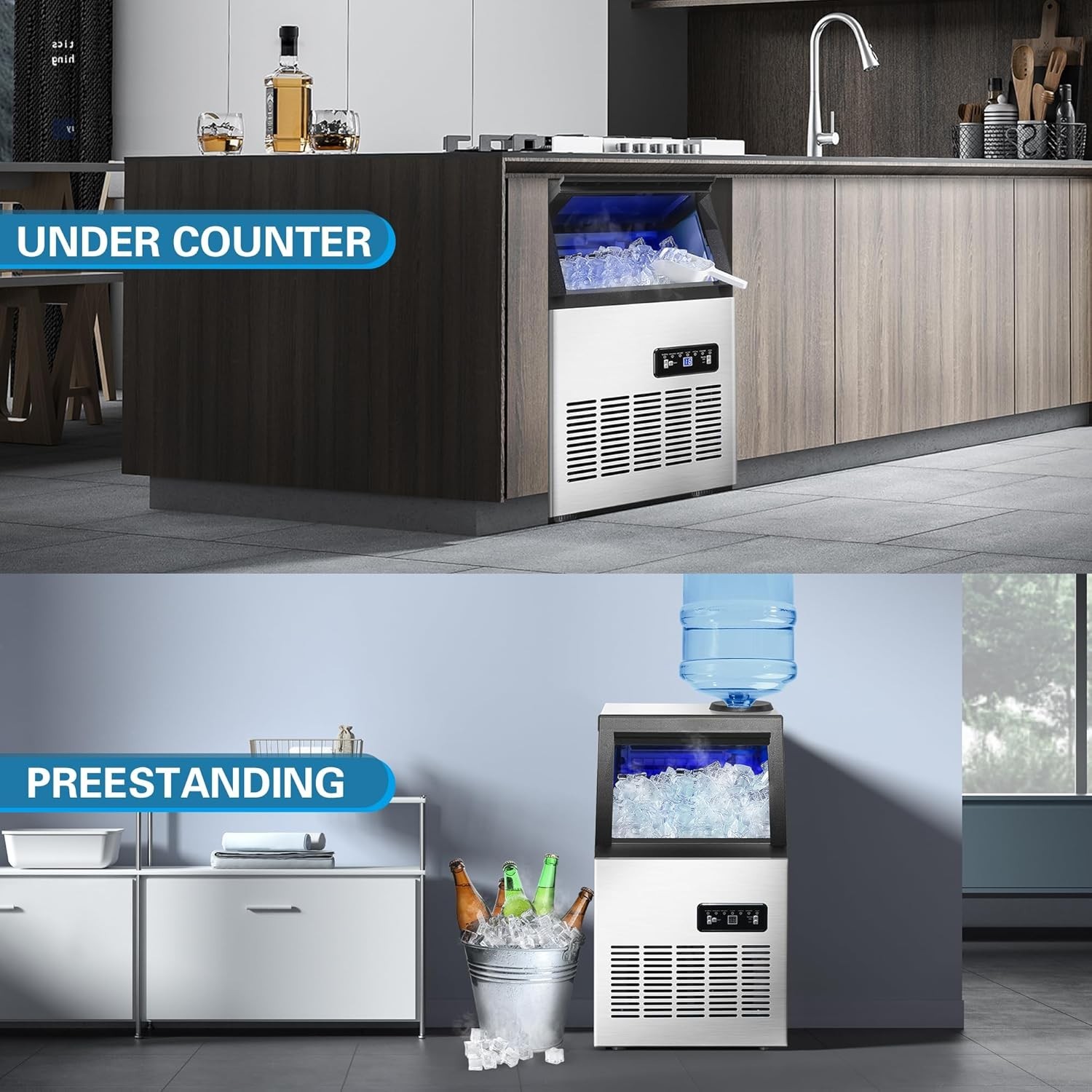 120LBS/24H Commercial Ice Maker – Stainless Steel, Adjustable Thickness, LCD …