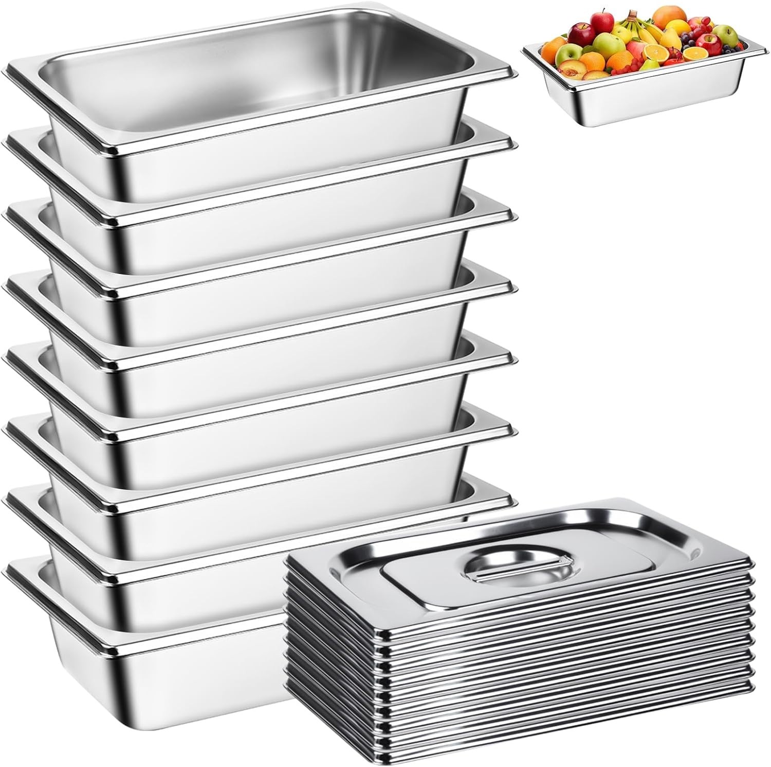 8Pack Hotel Pans with Lids 1/4 Stainless Steel Steam Table Pan 2.55″ Deep Hot…