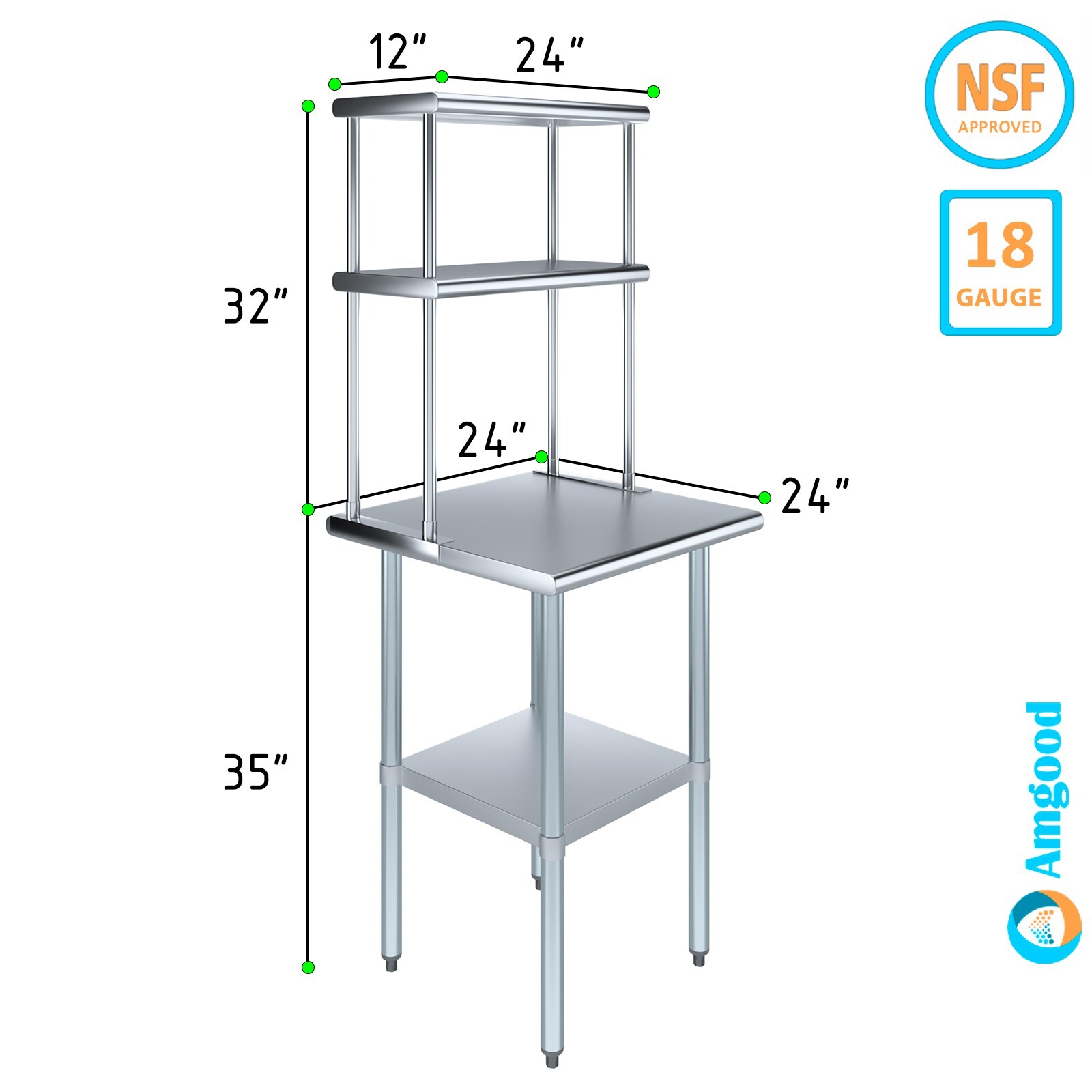 24 in. x 24 in. Stainless Steel Work Table & 12 in. Wide Double Tier Overshelf