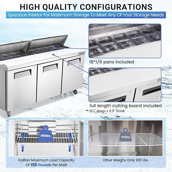 72″ W Sandwich Salad Prep Table Fan Cooling Commercial Refrigerator with 3 Door