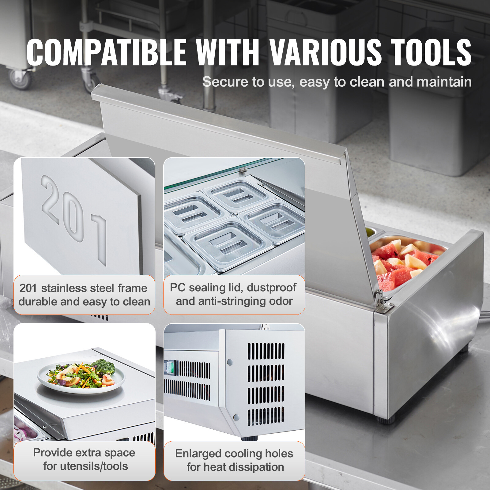 VEVOR 60″ Countertop Condiment Refrigerated Salad Pizza Prep Station w/SUS Cover