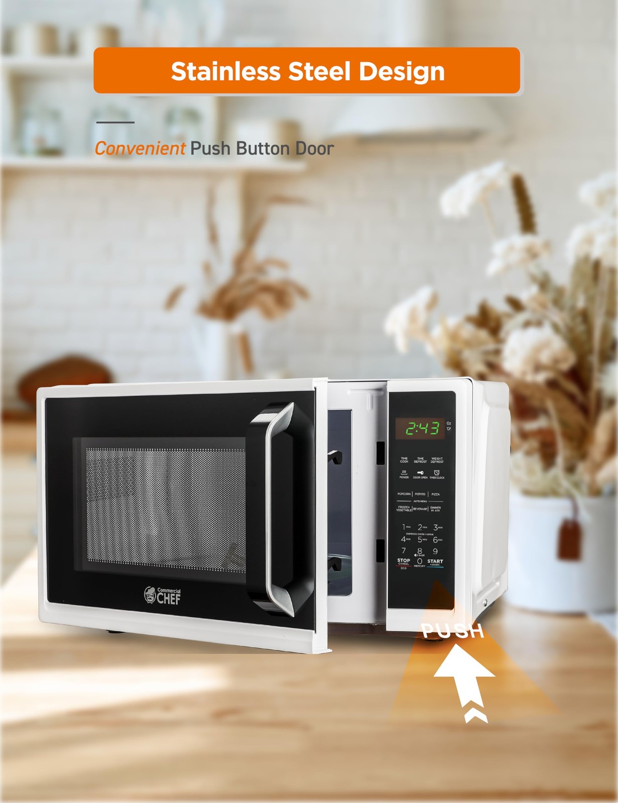 COMMERCIAL CHEF 0.9 Cubic Foot Microwave with 10 Power Feet, White