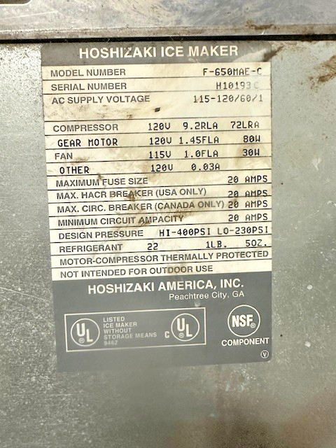«HOSHIZAKI F-650MAE-C»HD AIR COOLED ICE MAKER/MACHINE WITH ICE BIN 115-120V, 1PH