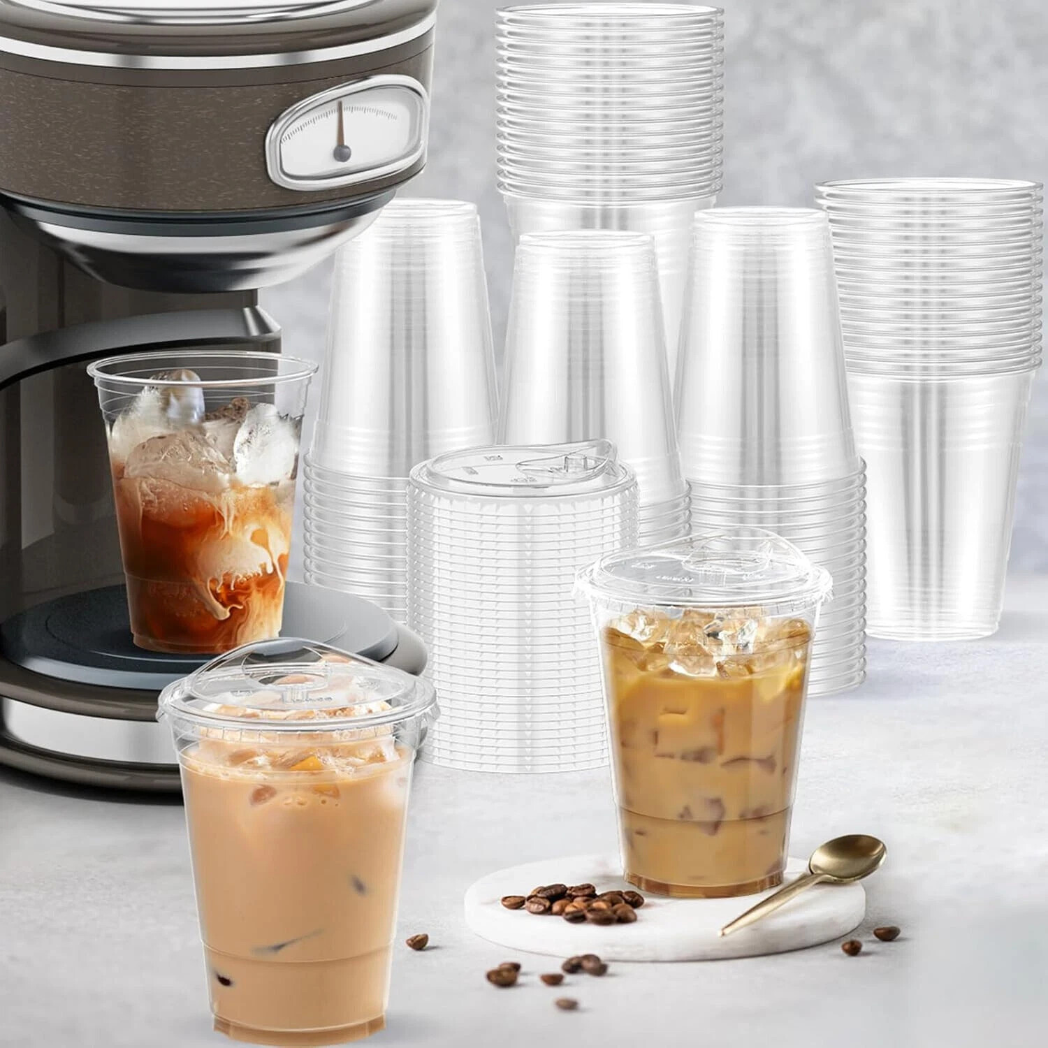 Unicup 100 Sets [12oz] Crystal Clear Plastic Cups with Strawless Sip-Lids