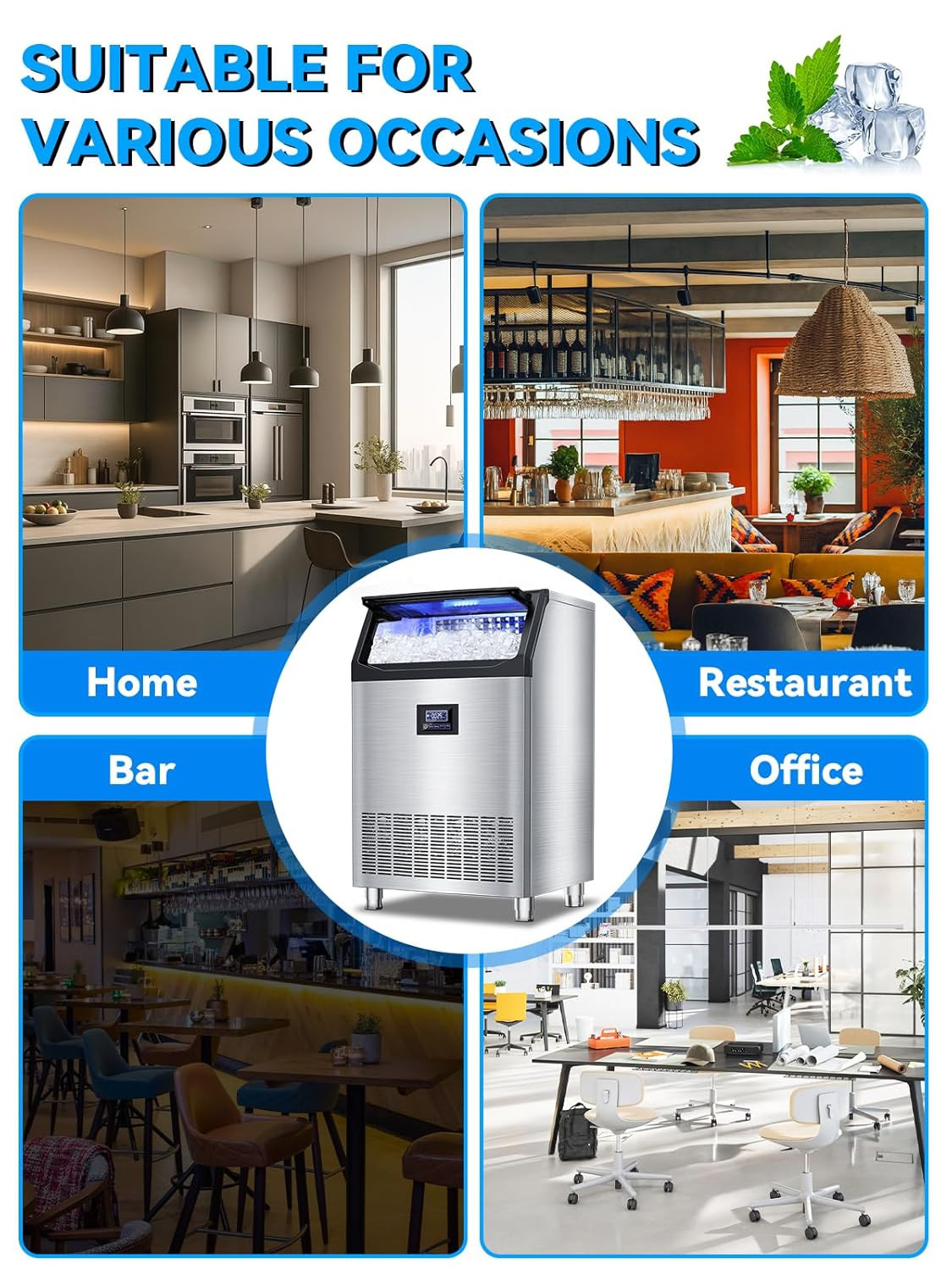 300Lbs/24H Commercial Ice Maker – Stainless Steel, Self-Cleaning, 115Lbs Bin
