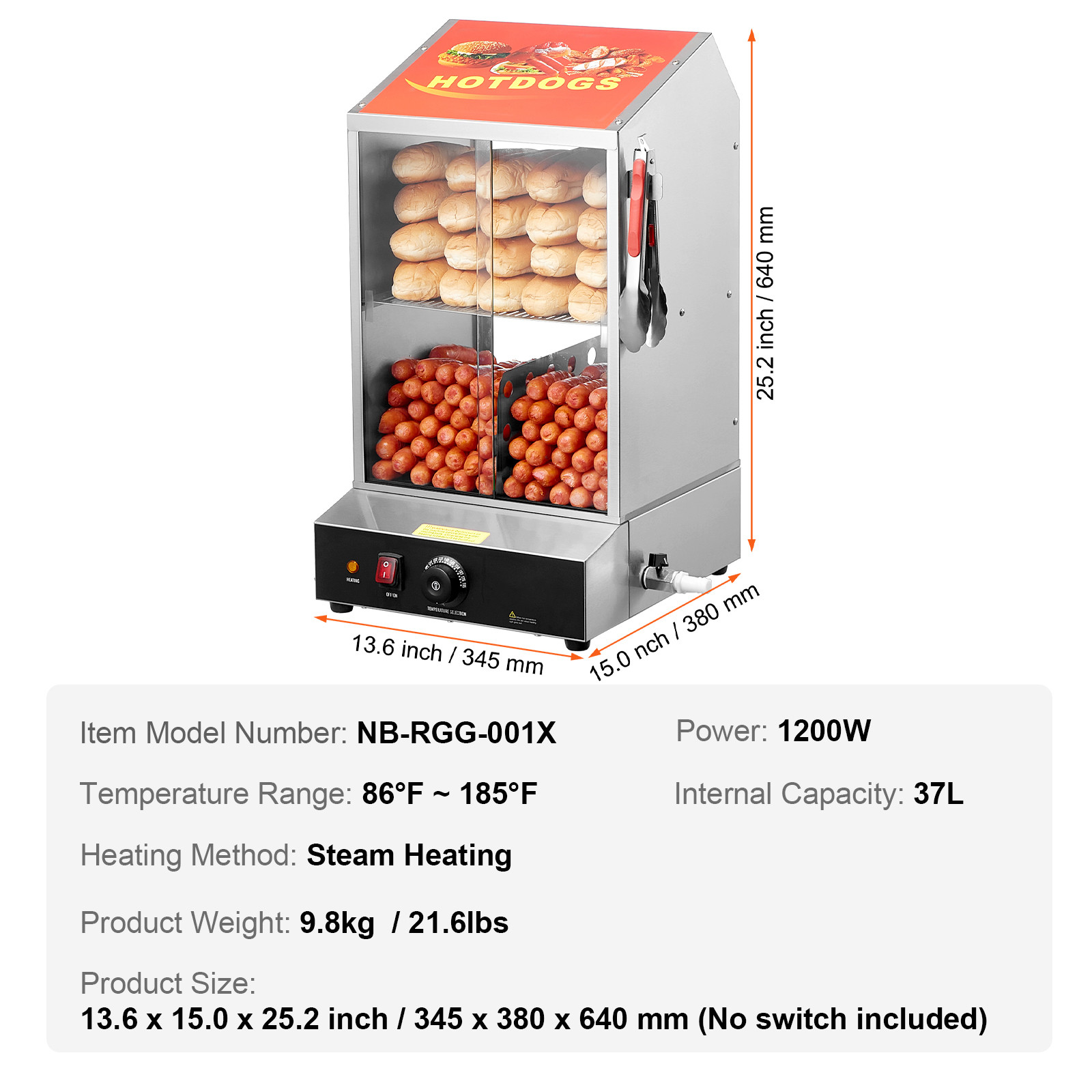 40L Commercial Hot Dog Bun Steamer 2-Tier Electric Warmer Display Slide Doors