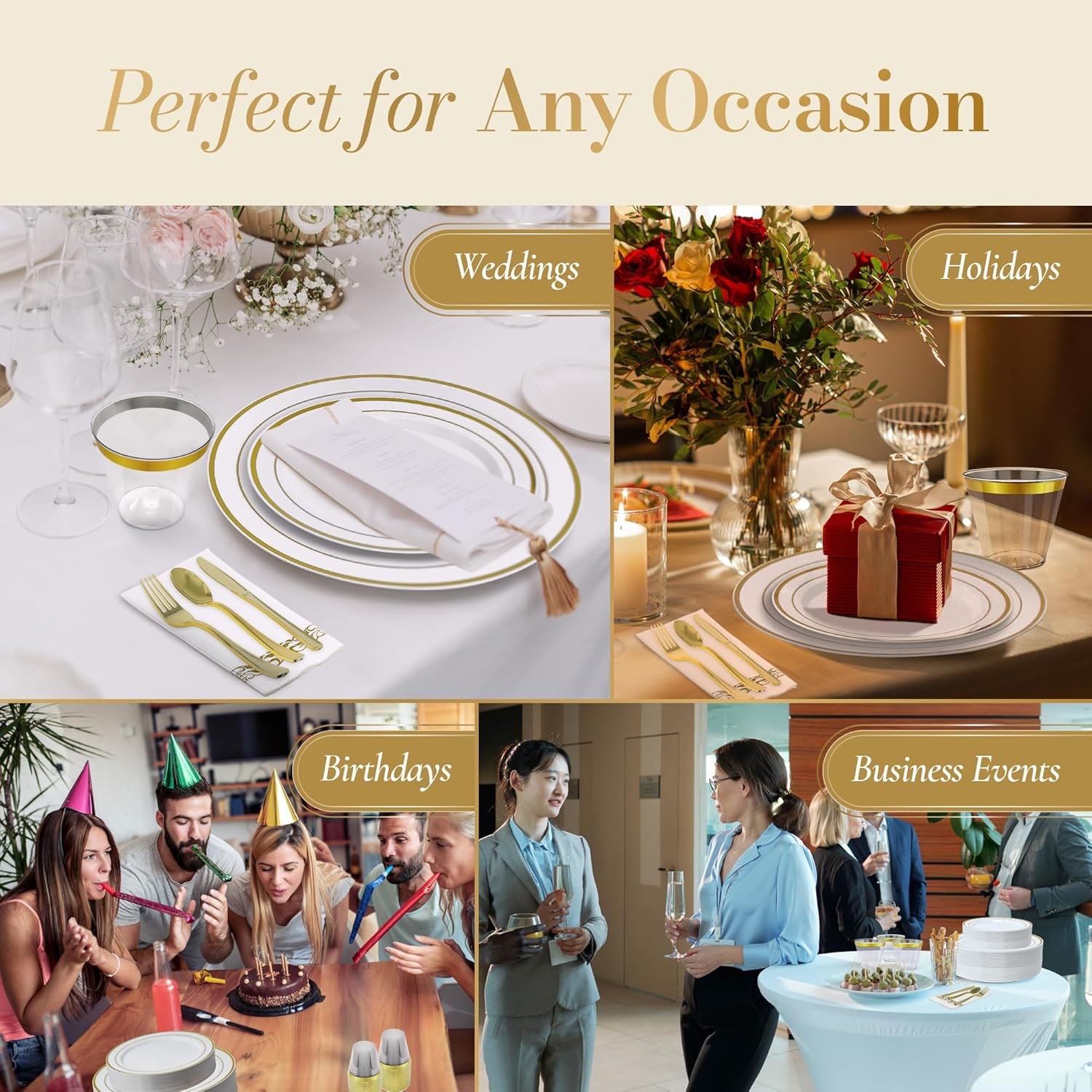 Plastic Plates for Party | 210 Pieces | White w/Gold Rim | Plates and Napkins