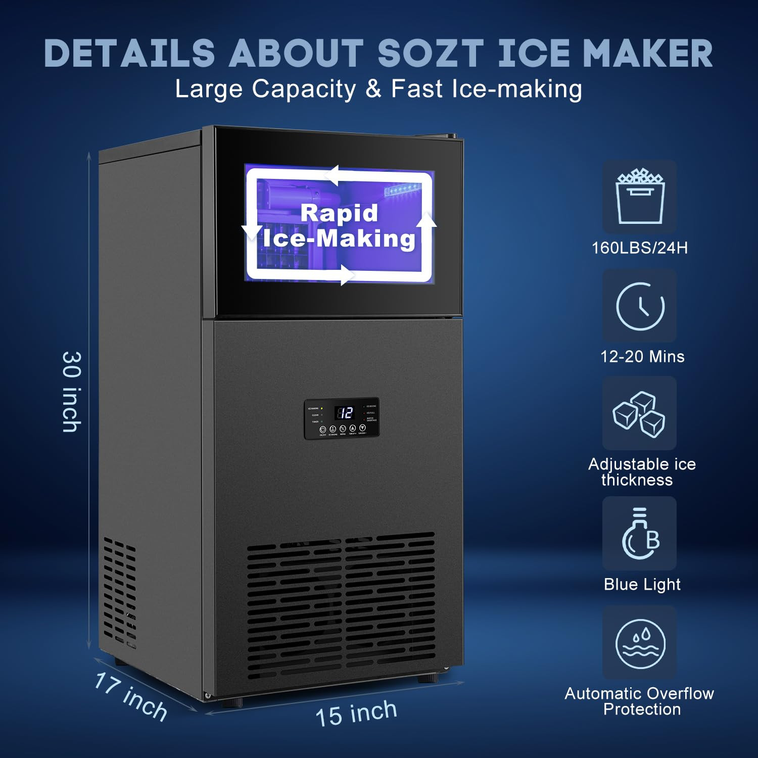 Commercial Ice Maker, 160Lbs/24H with 35Lbs Ice Capacity, 63Pcs Clear Ice Cubes
