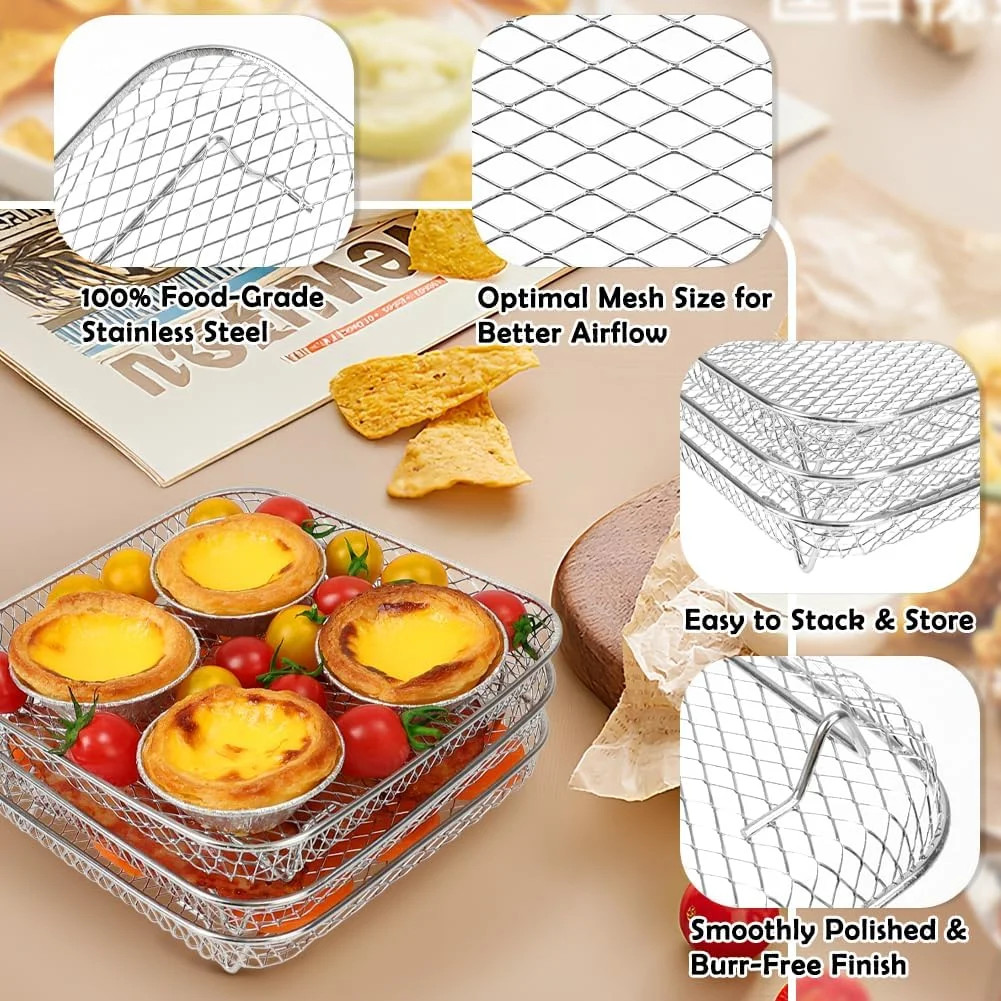 BYKITCHEN 8 inch Square Air Fryer Rack, 3pcs Stackable Stainless Steel Dehydrato