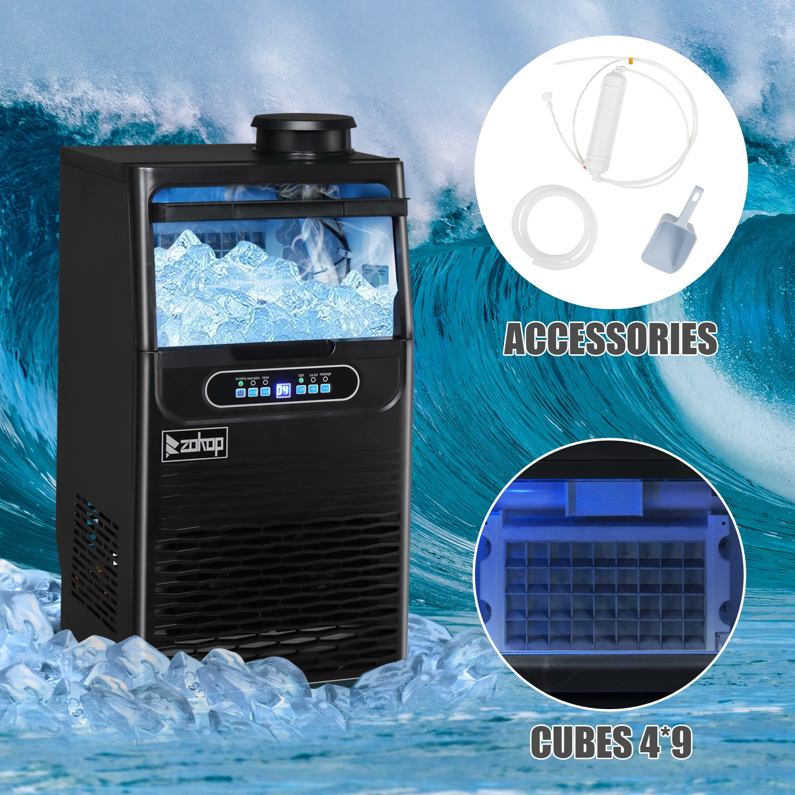 Portable 90lbs/24H Built-in Commercial Apartment Home Ice Maker Bar Cube Machine