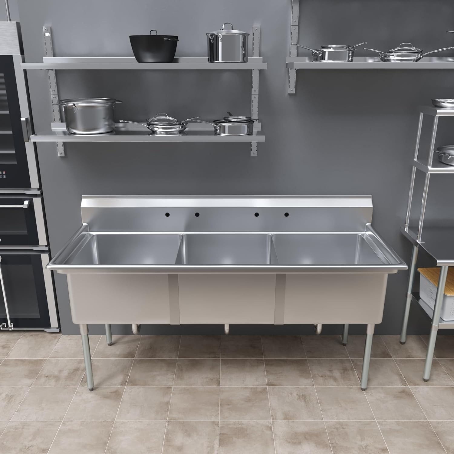 78″ 3 Compartment Stainless Steel Commercial Sink | 24″x24″x14″ Bowls | NSF