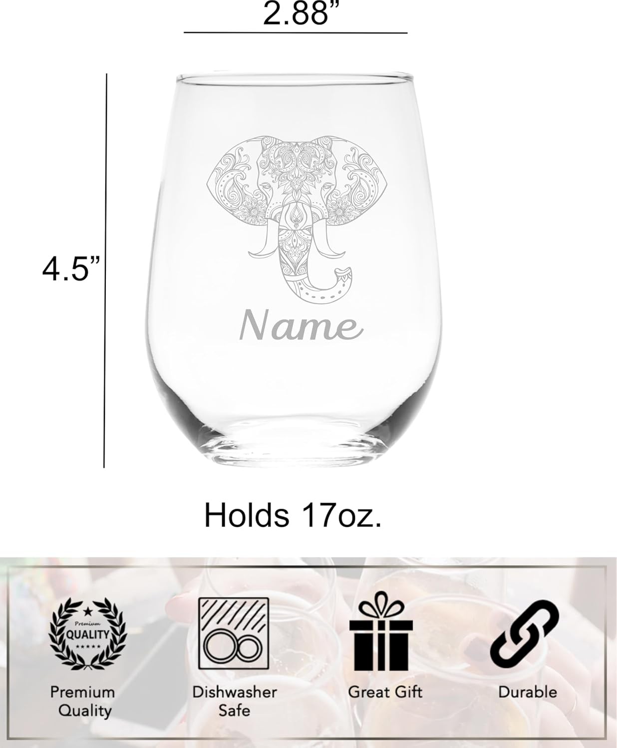 Personalized Elephant Stemless Wine Glass with Name – Custom Elephant Themed