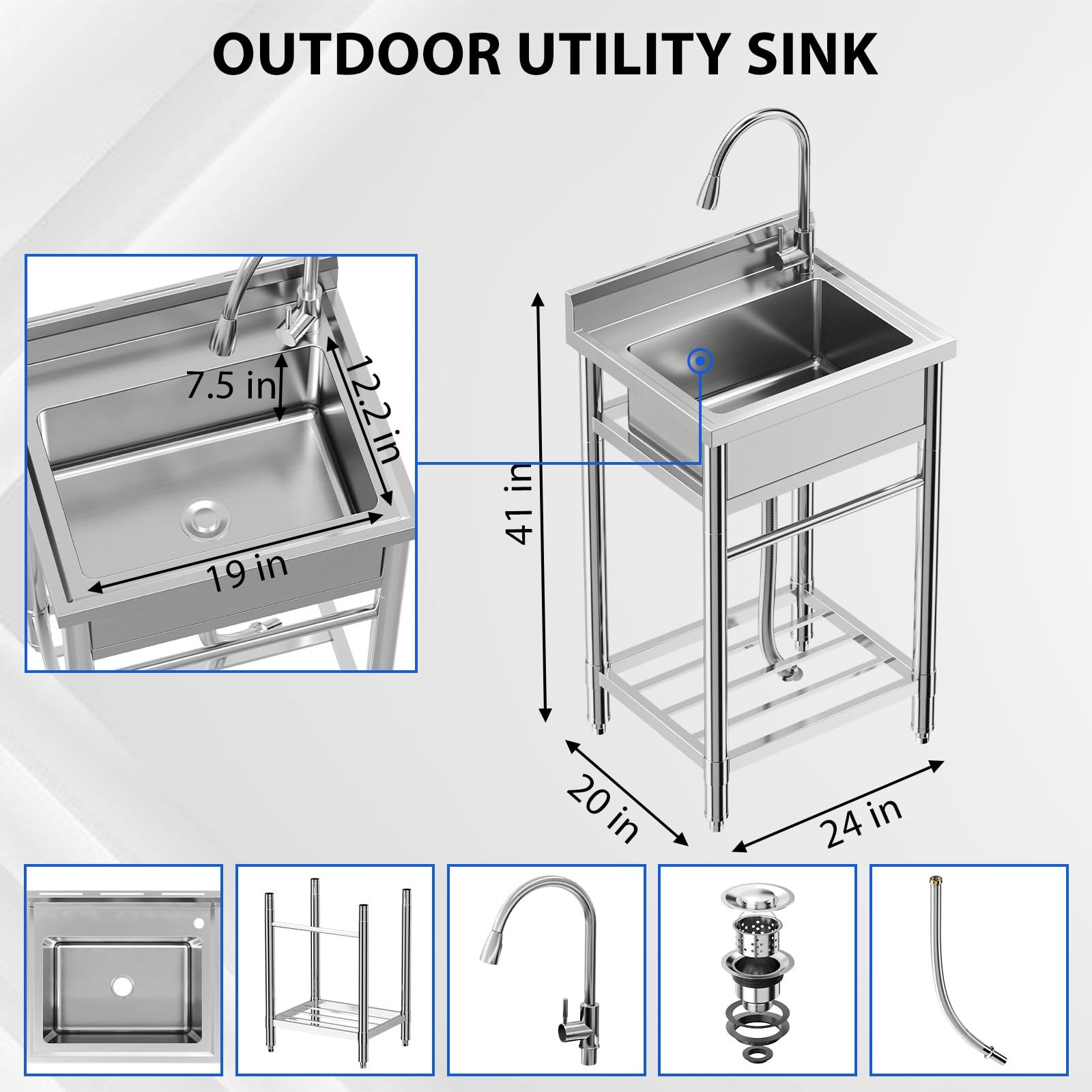24″x20″x41″ Stainless Steel Utility Sink Freestanding Single Bowl w/Water Faucet