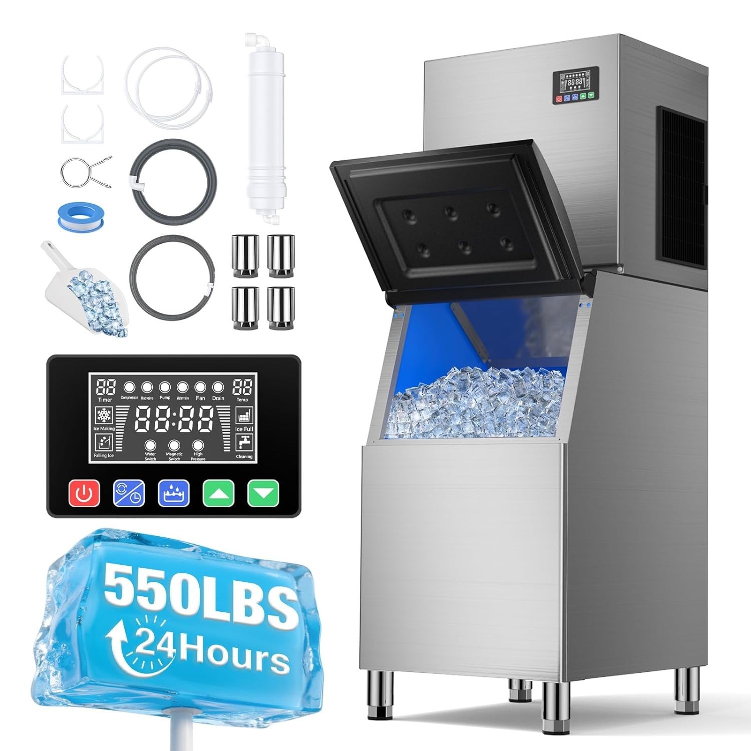 550lbs/24H Commercial Ice Maker Stainless Steel Bar Restaurant Ice Cube Machine