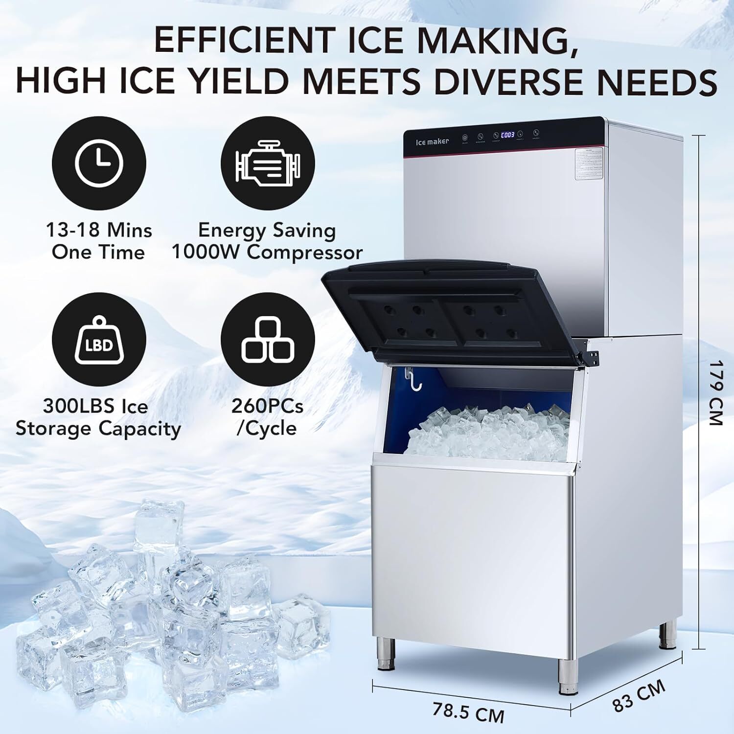 550LBS/24H Smart Commercial Ice Maker Machine With 300LB Storage Bin & LED Panel