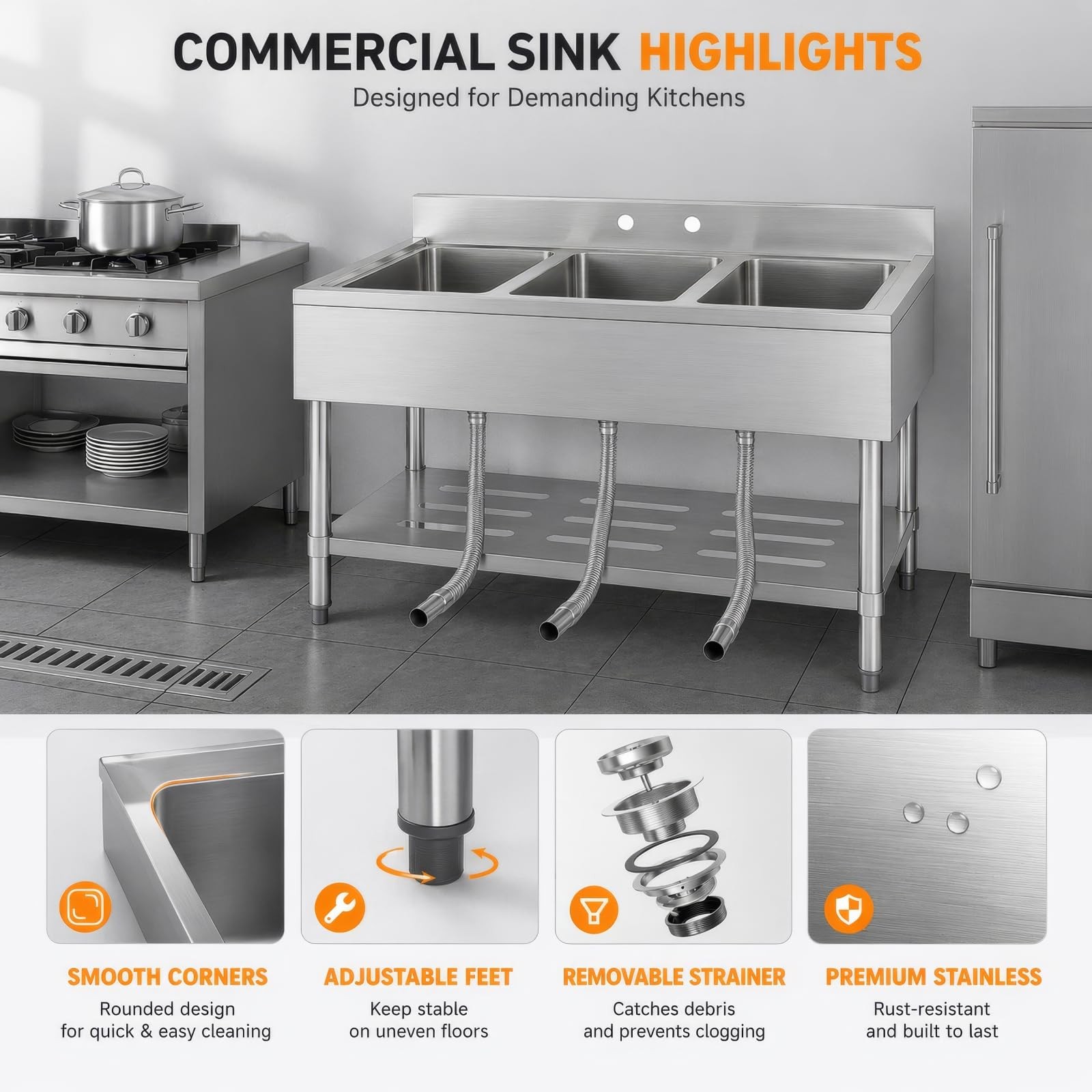 Stainless Steel Utility Sink Free Standing Triple Bowl Commercial Kitchen Sink