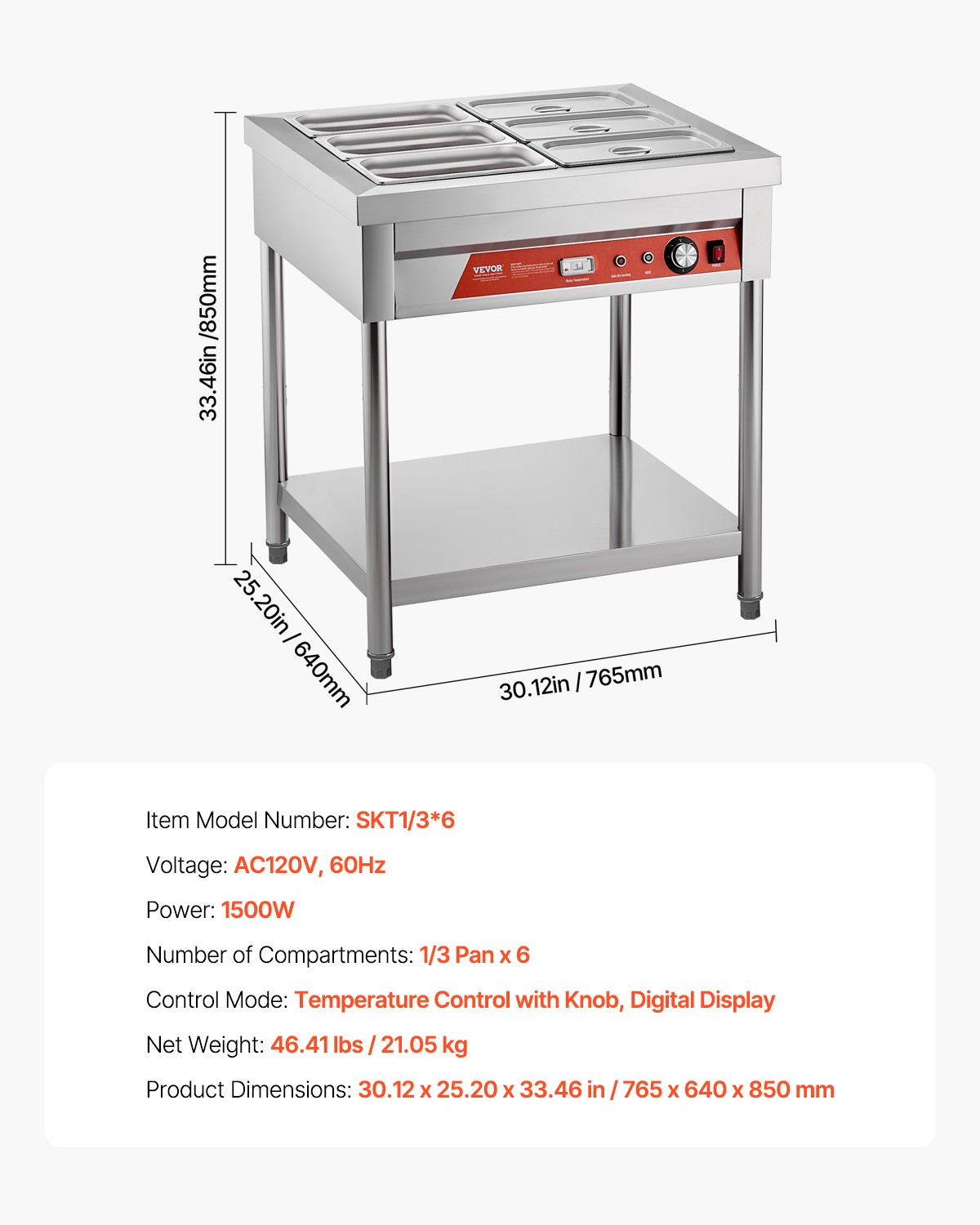 VEVOR 6 x 1/3 Pans Commercial Food Warmer Electric Steam Table with Undershelf