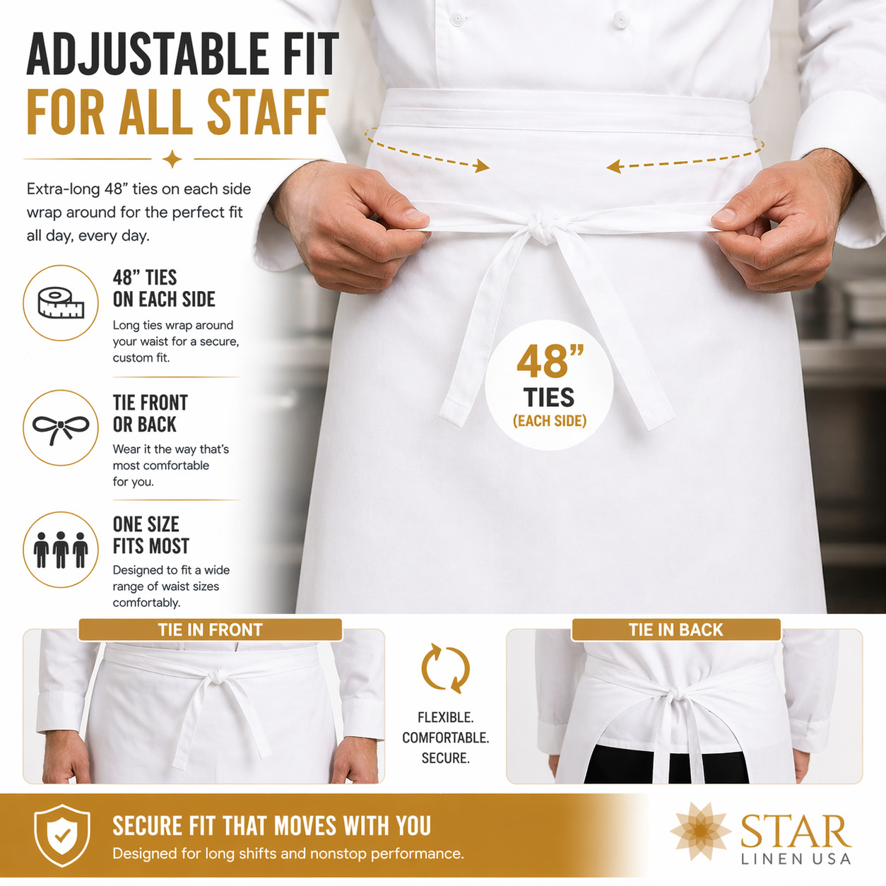 Bar Apron 32 x 41 White 55% Cotton 45% Polyester No Pockets Tie Strap Closure
