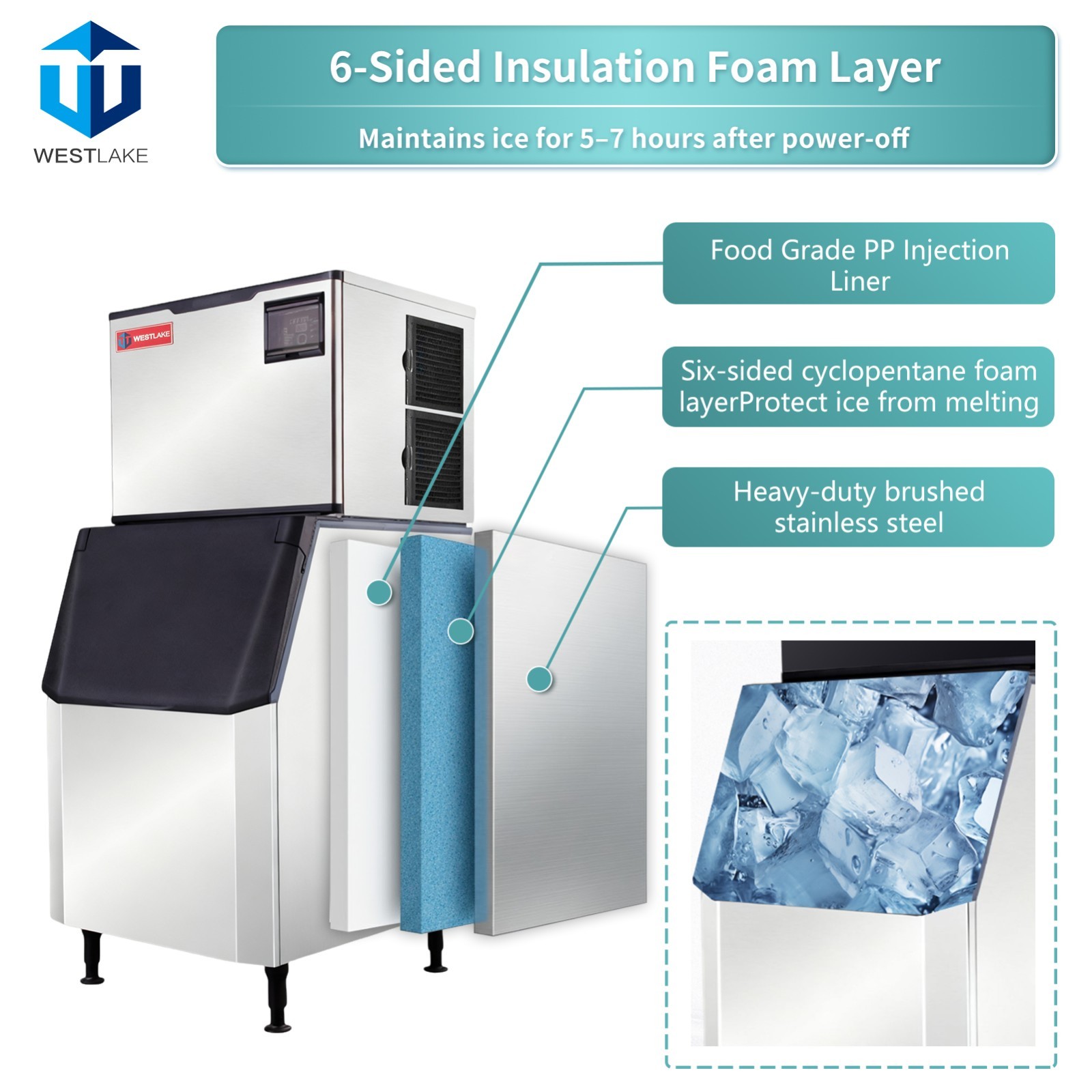 Commercial Ice Maker 700 lbs/day, WESTLAKE Full Cube Machine w/ 440 lbs Bin