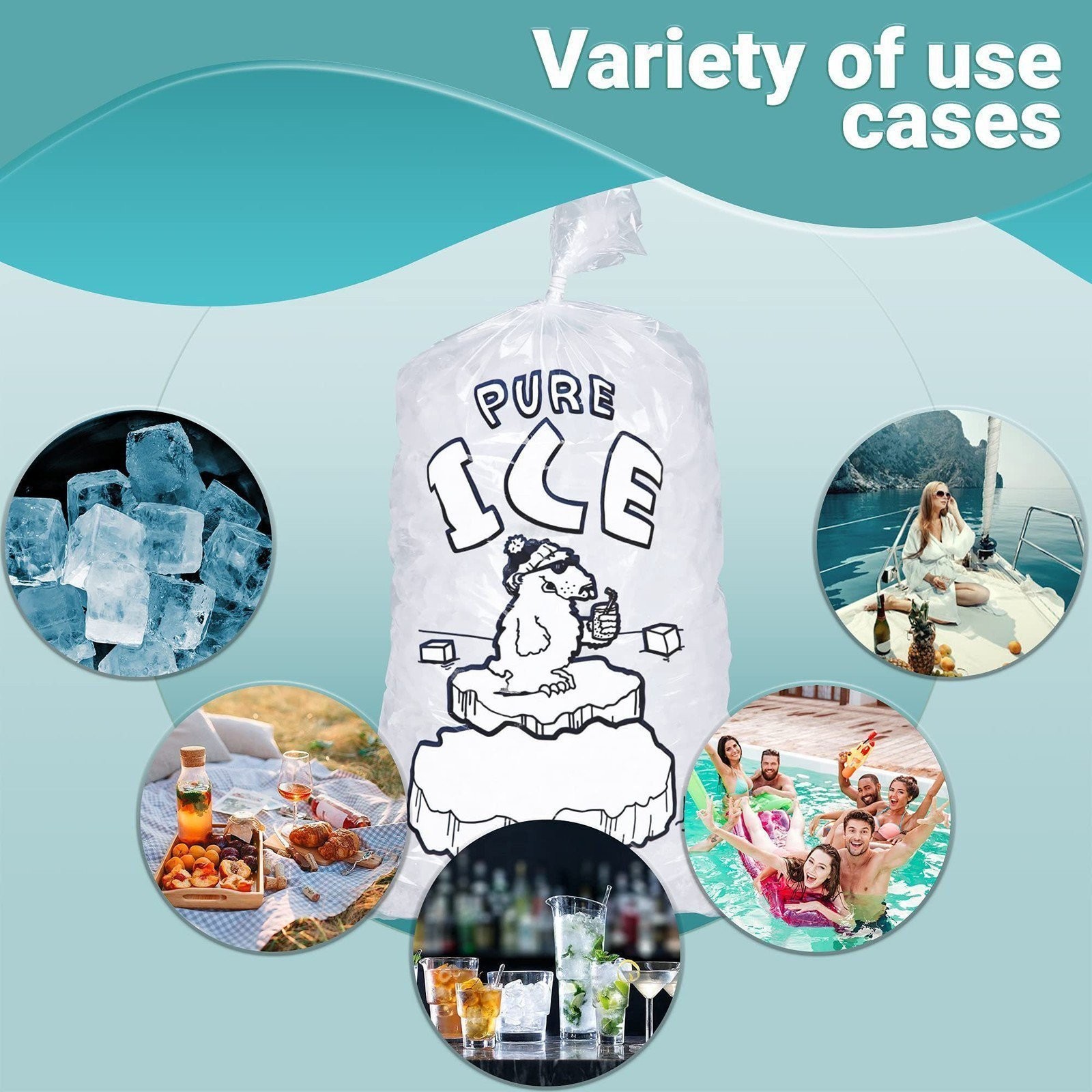 500 20 lbs Wicket Ice Bags 14.25×28 + 4 Polar Bear Printed Icebags